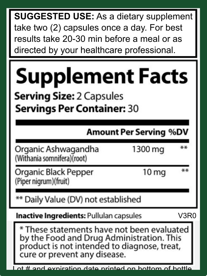 Organic Ashwagandha Capsules 1300mg + Black Pepper Anxiety Stress Relief, 2 Pack