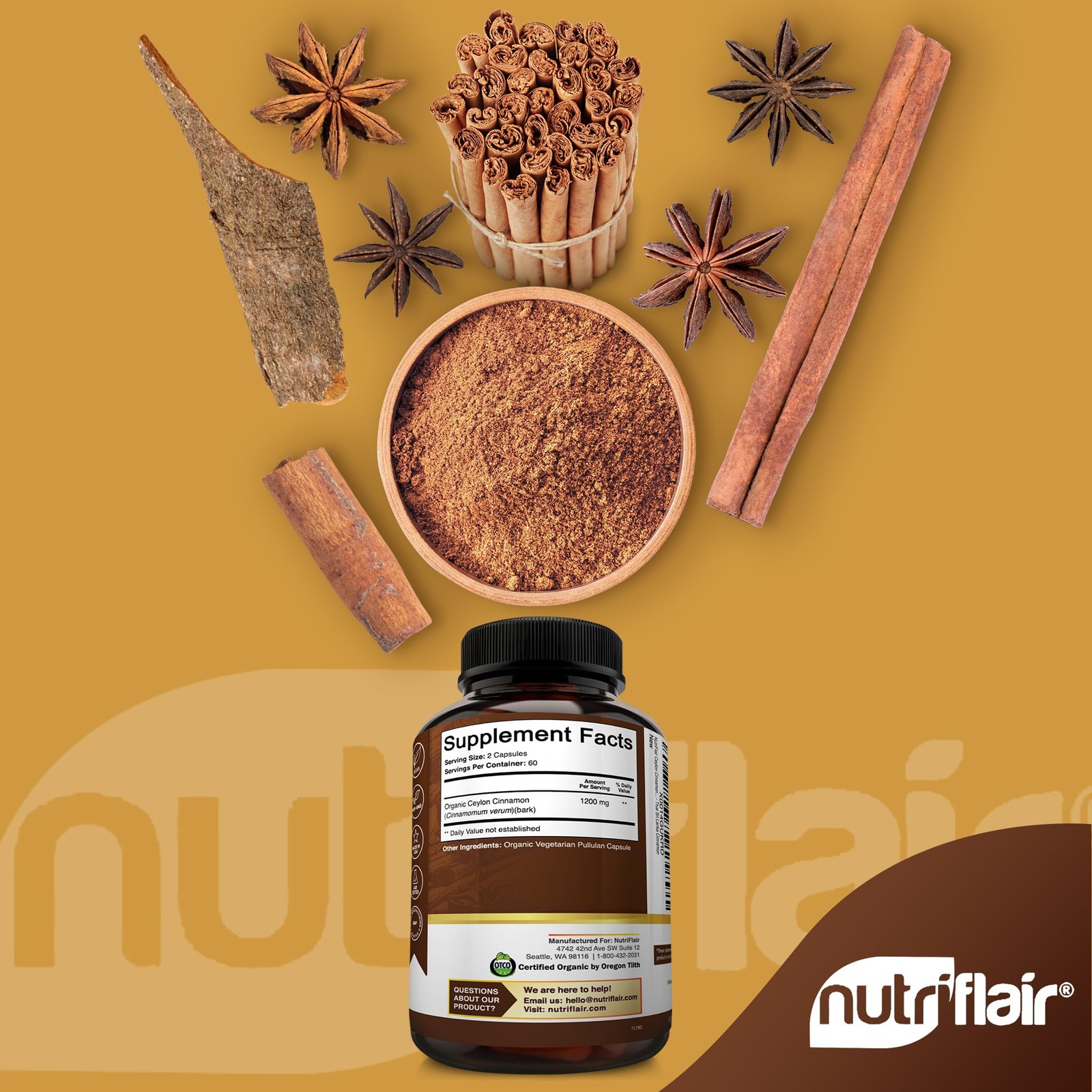 NutriFlair Organic Ceylon Cinnamon Supplement 1200mg, 120 Count (Pack of 1)