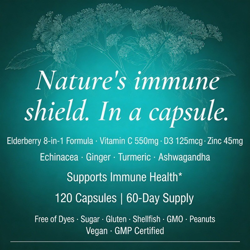 8-in-1 Elderberry Capsule, Herbal Blend Immune Wellness Supplement,120 Capsules