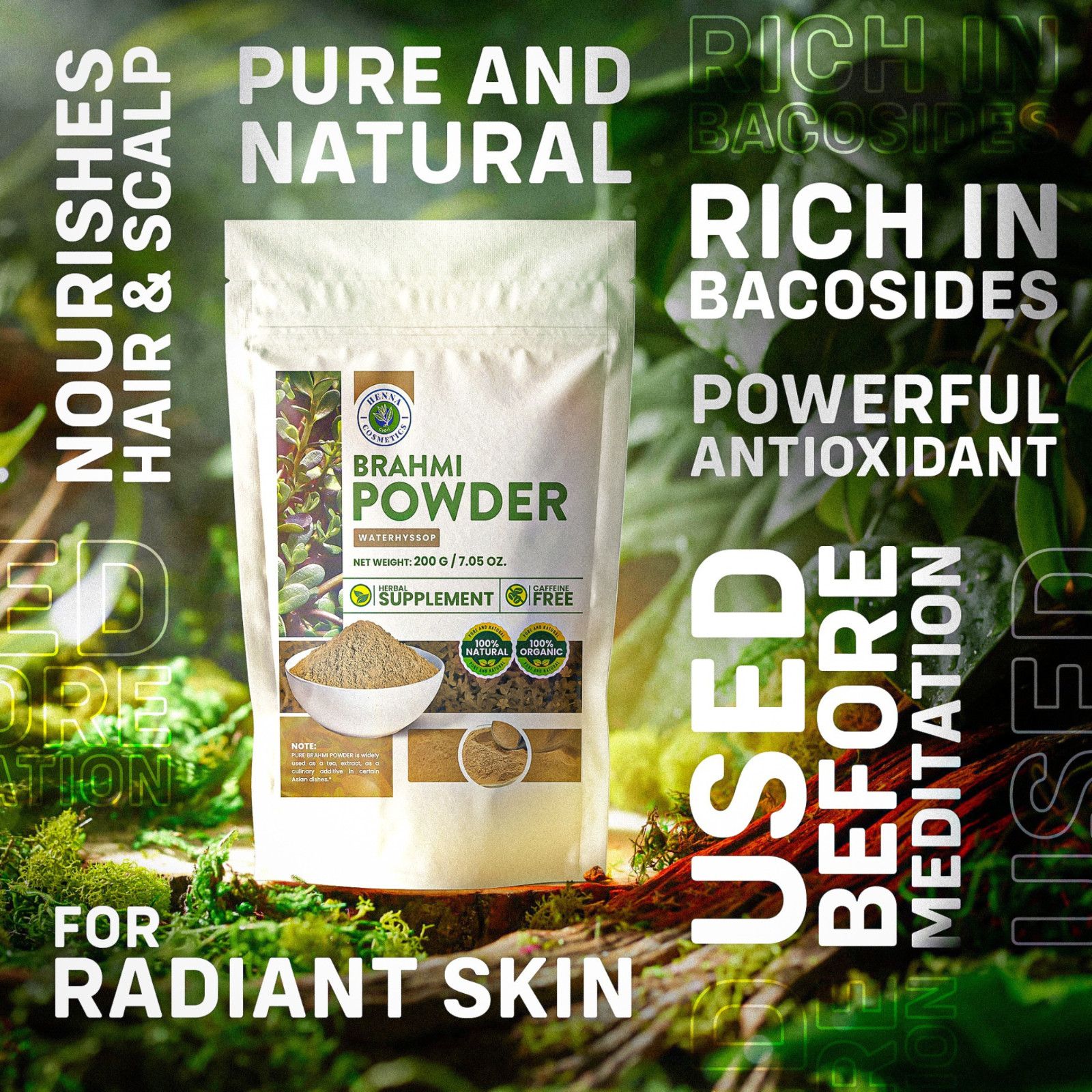 Brahmi Powder (Waterhyssop) Bacopa Monnieri | 200 Grams (7.05 Ounces) | Natural