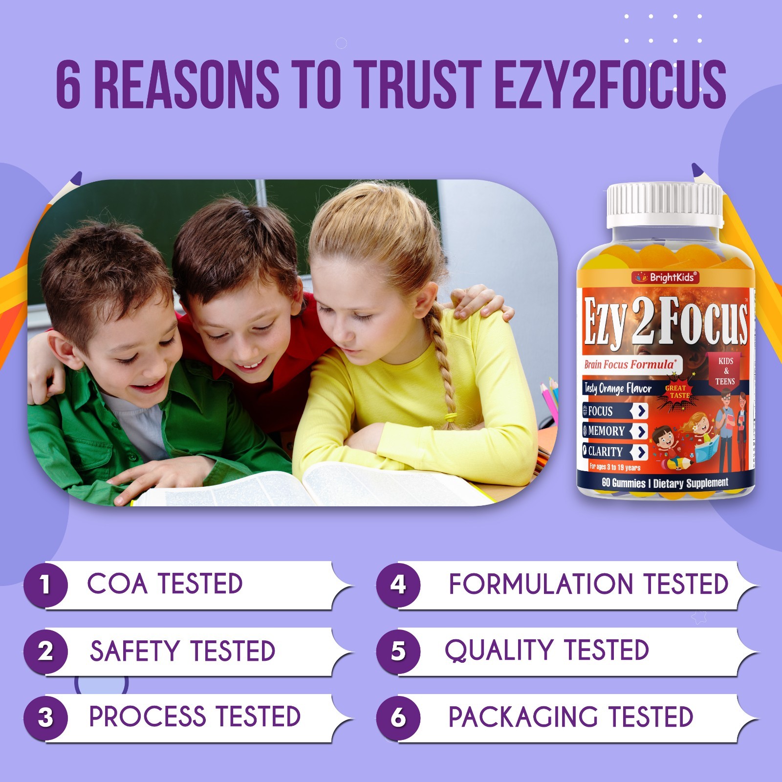 Ezy2Focus Brain Focus Gummies for Kids & Teens Memory Clarity Orange 60 Count