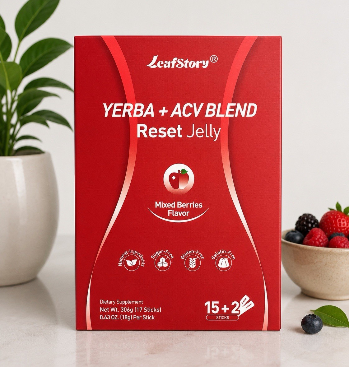 Leafstory Yerba + ACV Blend Reset Jelly Sugar-Free Mixed Berries 17 Sticks