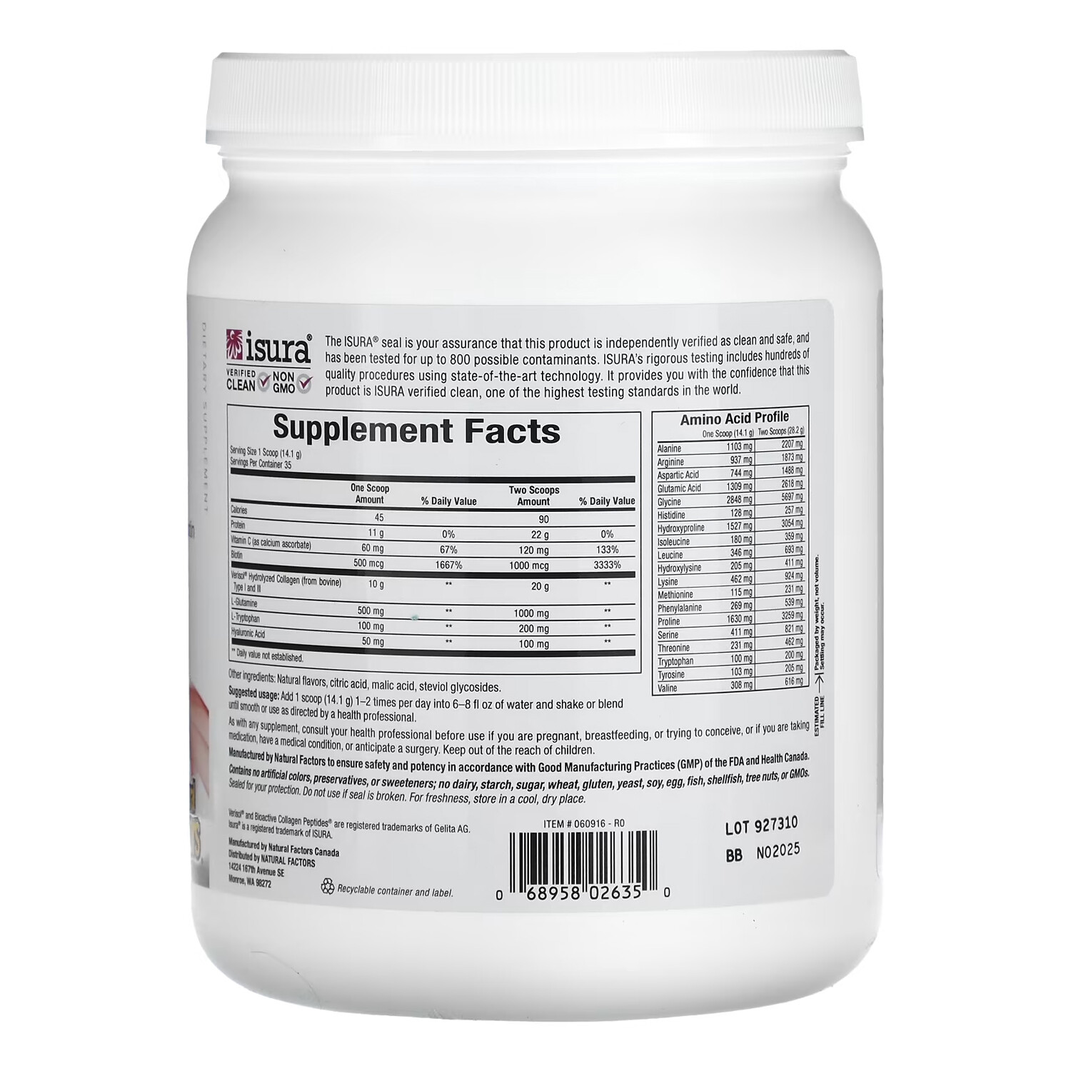 Natural Factors Total Body Collagen Powder,BioactivePeptides,Pomegranate,1lb1Oz