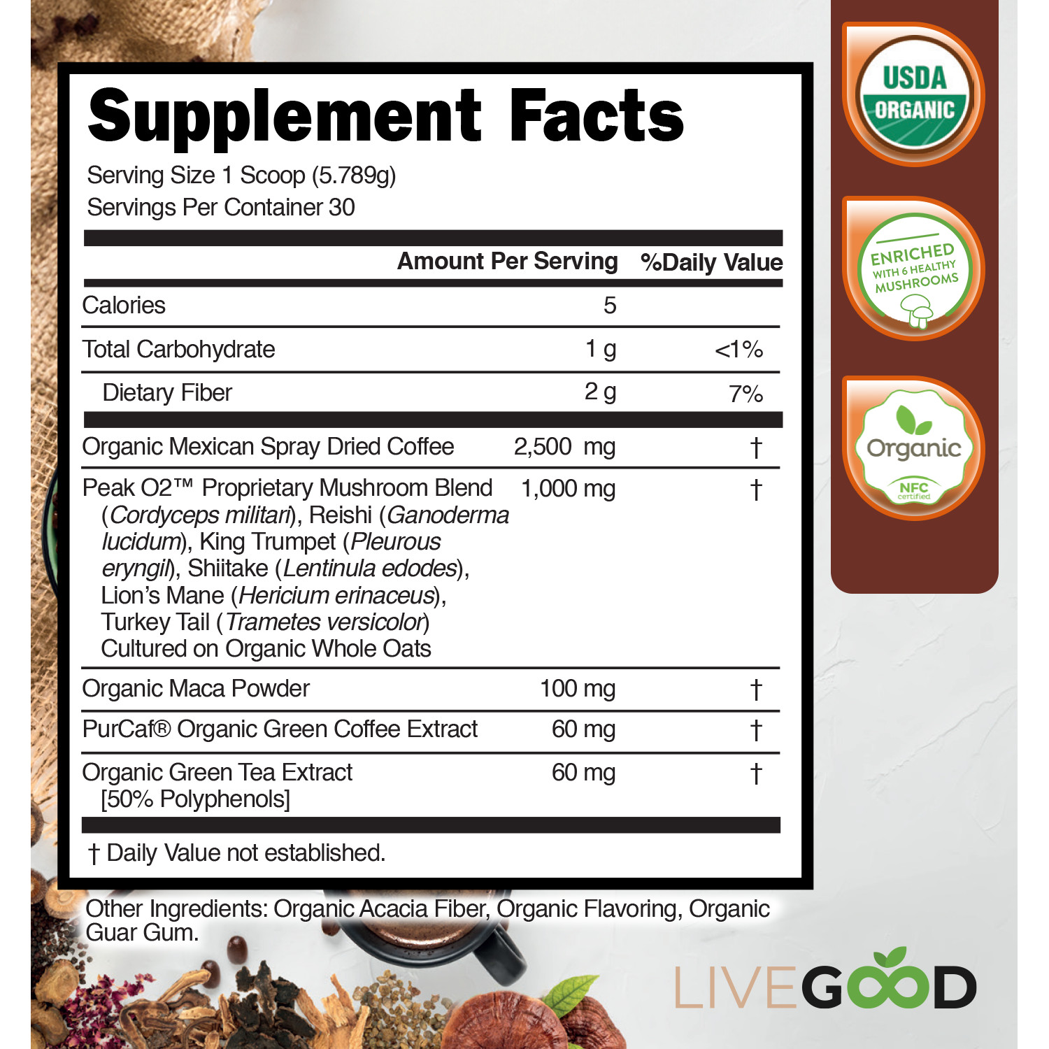 LIVE GOOD Healthy Organic Weight Management Coffee with Mushrooms