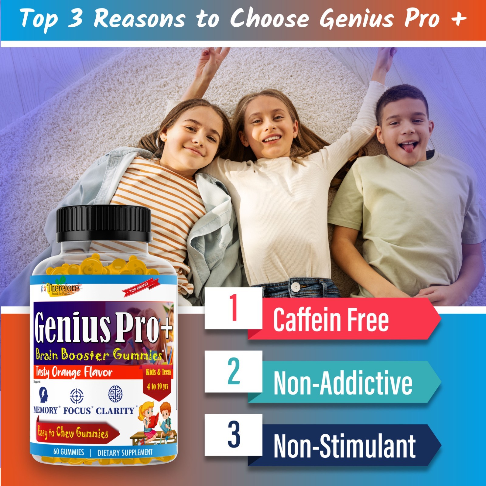 Brain Focus Gummy Vitamins for Kids, Memory Booster Omega 3,6,9, DHA & EPA 60 Ct