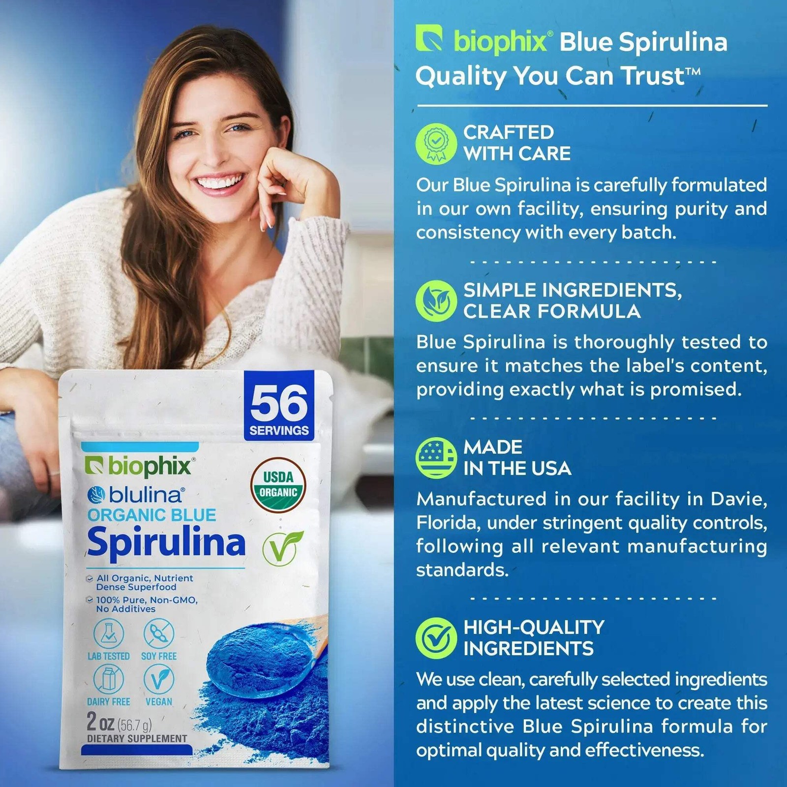 biophix Blulina Organic Blue Spirulina Powder 2 oz 7g – Detoxification Antioxida