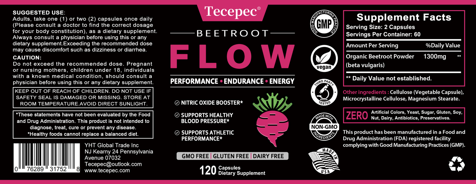 Organic Beet Root Powder 1300mg Per Serving,NITRIC OXIDE BOOSTER-60Caps*2bottles