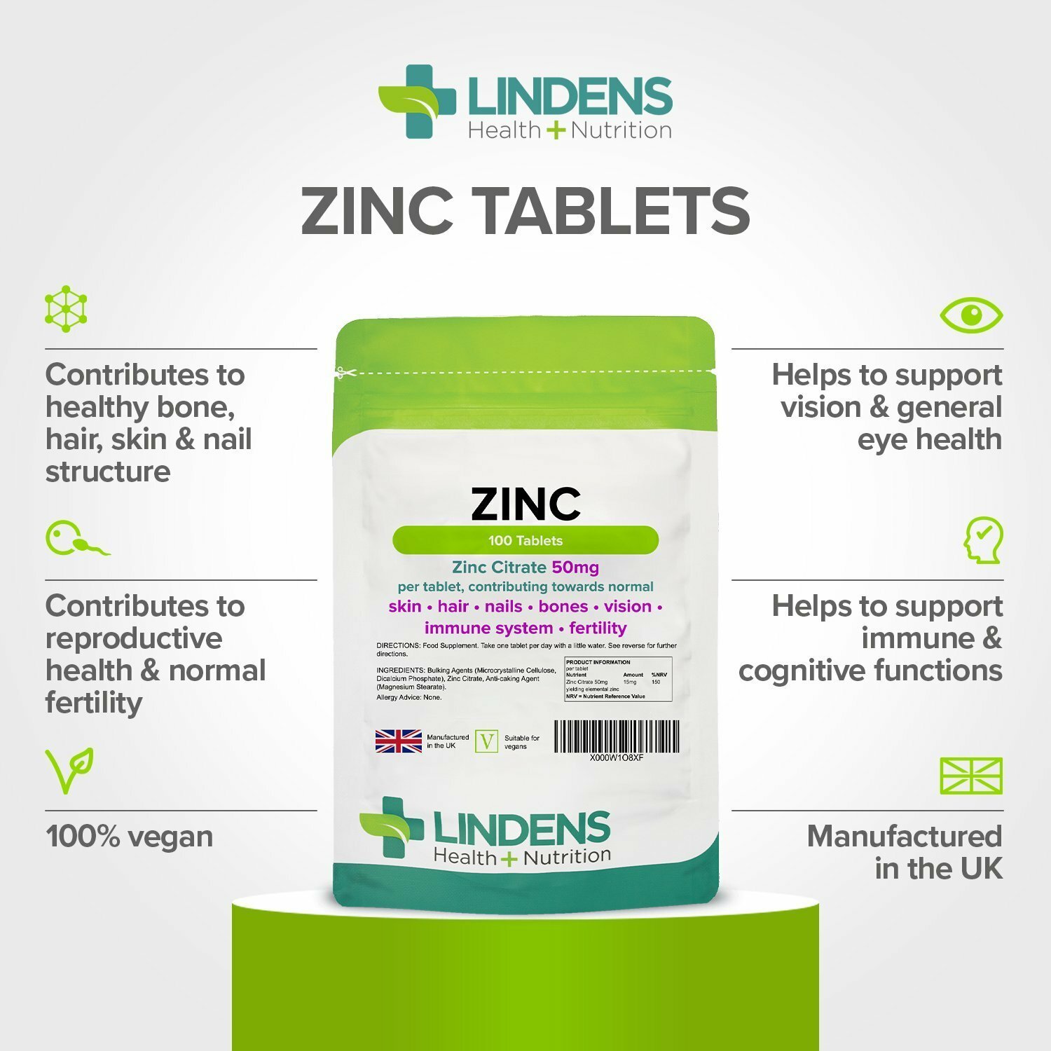 Zinc Citrate Lindens 50mg 2-PACK 200 Tablets Quality Supplement Immune Support