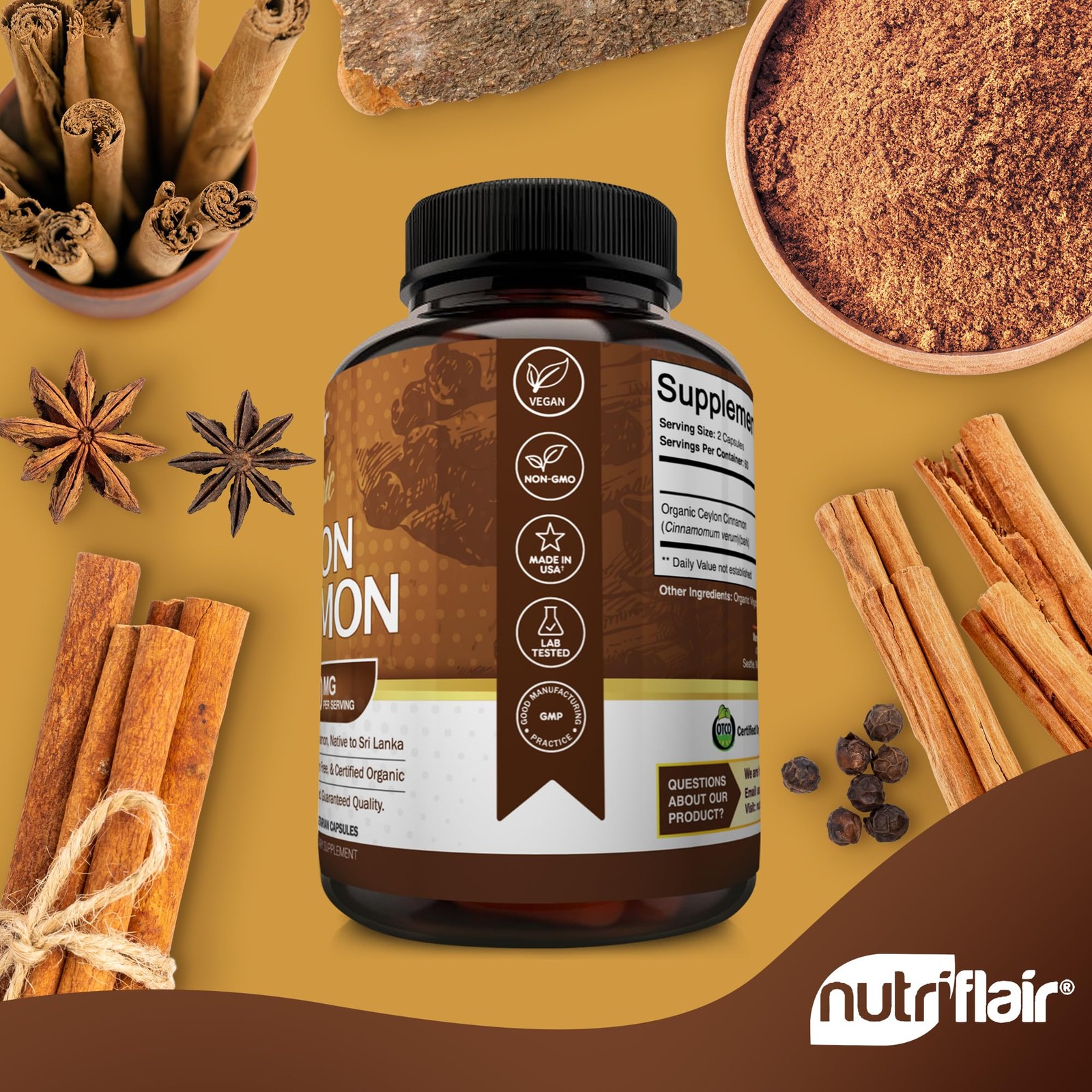 NutriFlair Organic Ceylon Cinnamon Supplement 1200mg, 120 Count (Pack of 1)