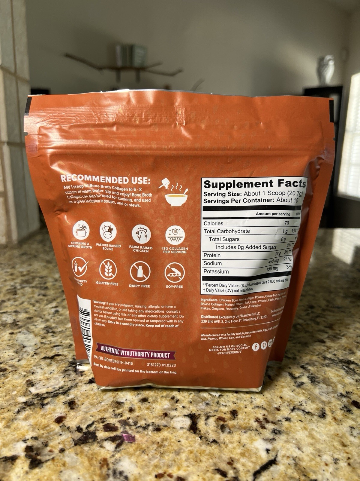 Vitauthority Bone Broth Collagen Powder – Chicken & Herb, 16g Protein, 10.9 oz