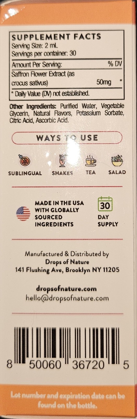 Drops Of Nature Pure Saffron Extract Supplement Liquid 2 fl oz Strawberry Mood