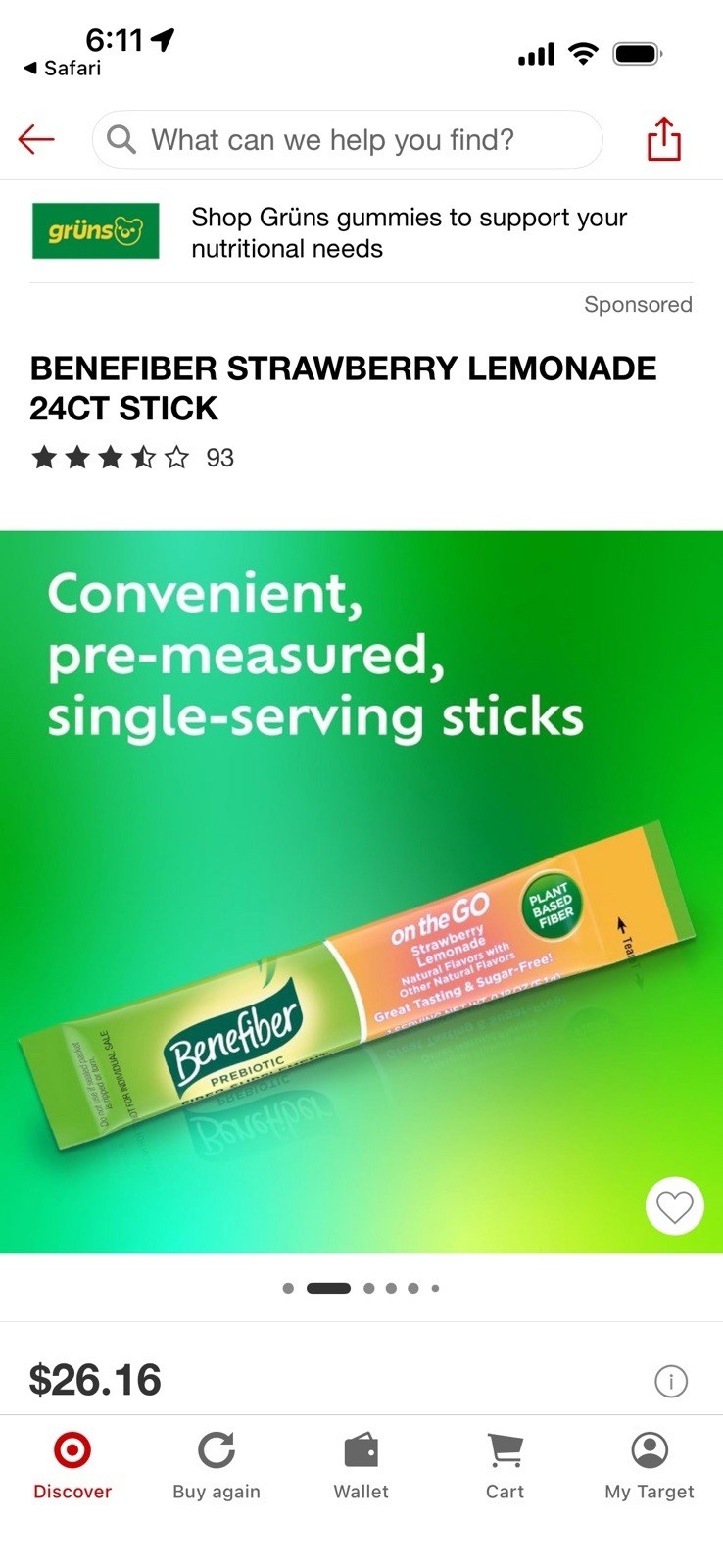 Benefiber Prebiotic Fiber Supplement Strawberry Lemonade Sugar-Free 24ct Stick