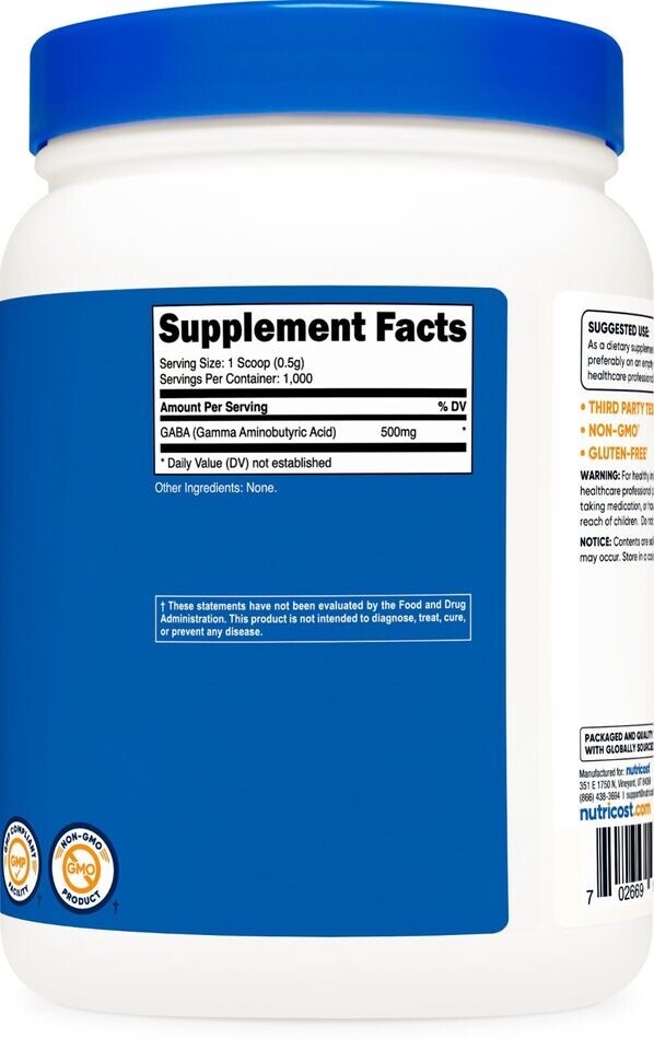 Nutricost Pure GABA 500g Powder 1,000 Servings Unflavored 5/2027