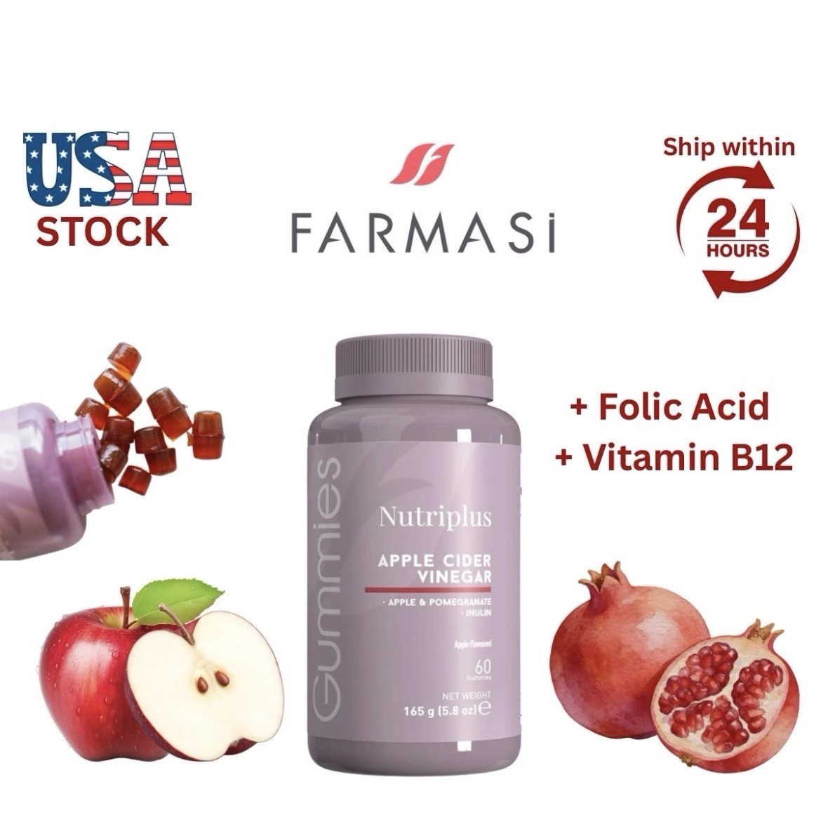 Farmasi Nutriplus Apple Cider Vinegar Gummies 60 Apple Folic Acid B12 5.8oz