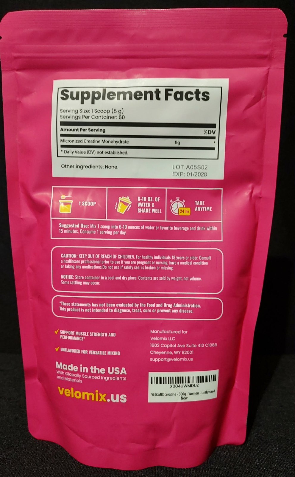 Micronized Creatine Monohydrate Powder Drink Mix for Women Velomix Unflavored