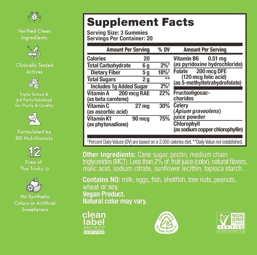 HUM Celery Juice Fiber Gummies Green Apple Vegan Gluten-Free 60ct