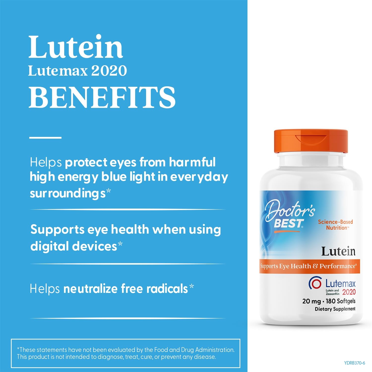 Doctor’s Best Lutein Supplement 20mg with 180 Count (Pack of 1), No Color