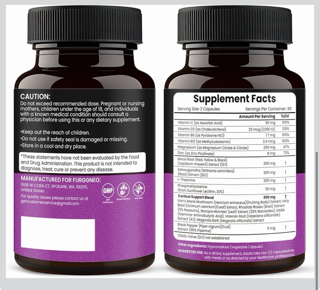 FURGGNEO Cortisol Support Supplement 18-in-1 Blend 60 Caps Vegan Non-GMO