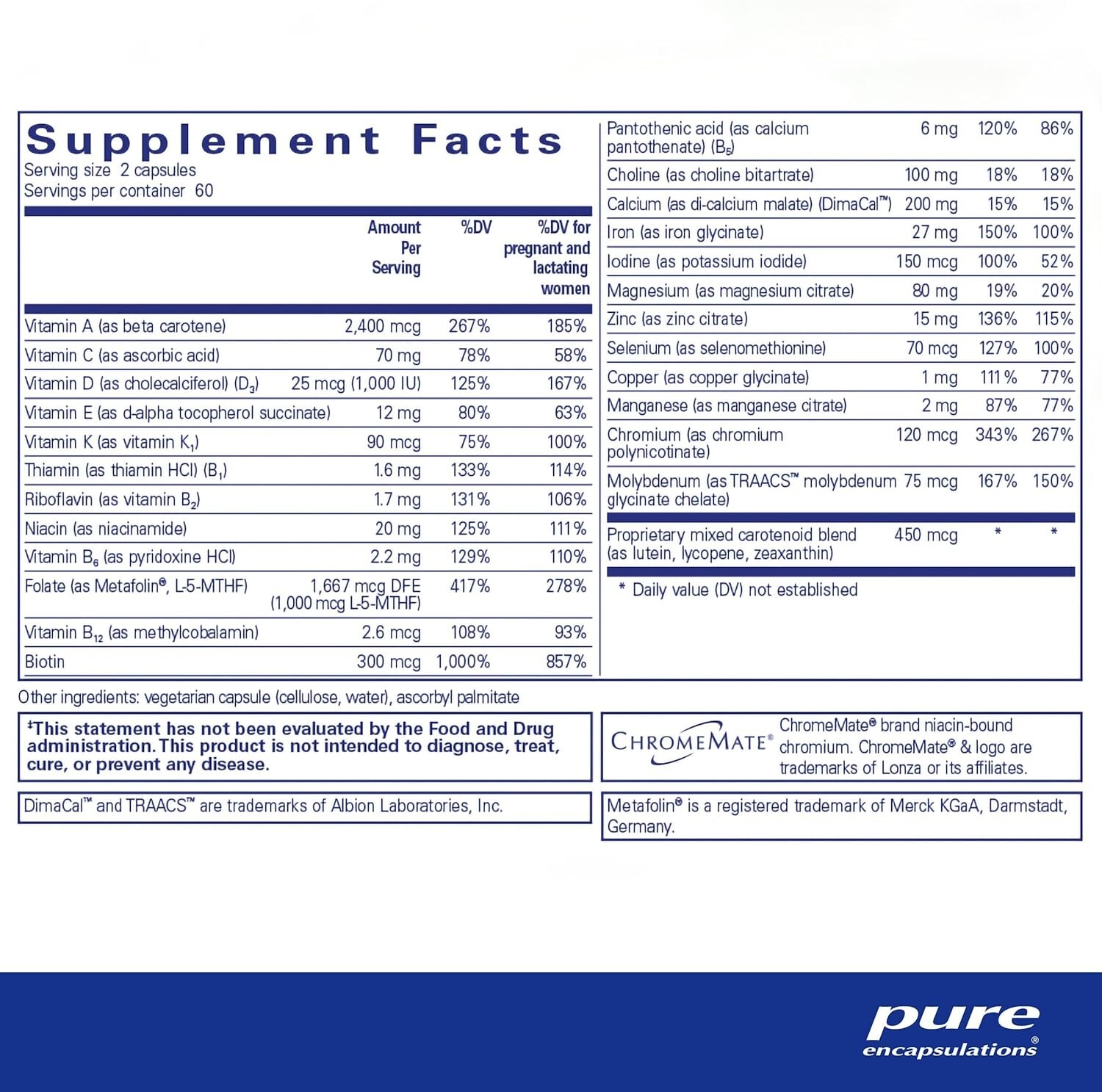 Pure Encapsulations PreNatal Nutrients – for Pregnancy & Lactation – 120 Capsule