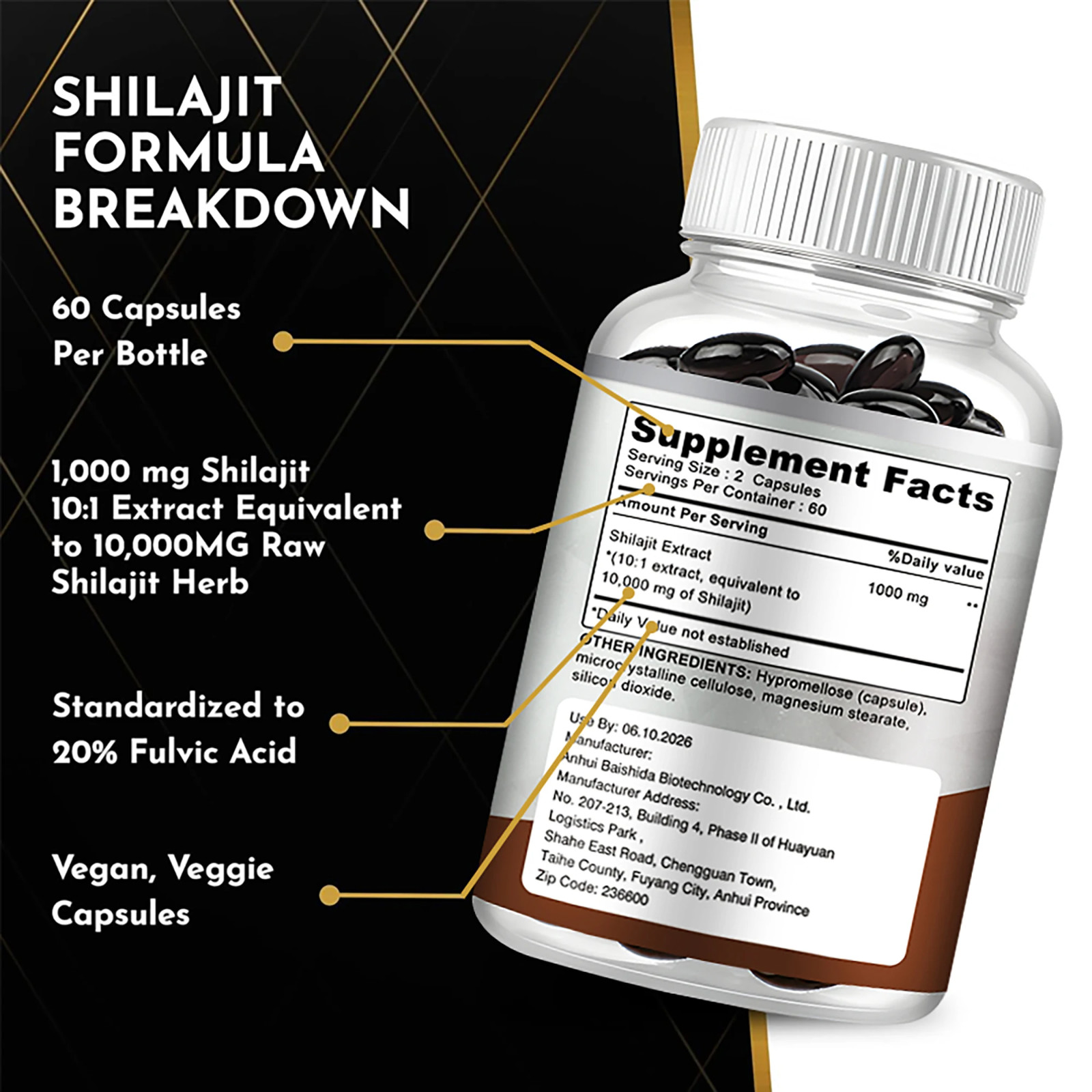 Shilajit Supplements – Enhance Nutrient Absorption & Relieve Stress – 120 ct