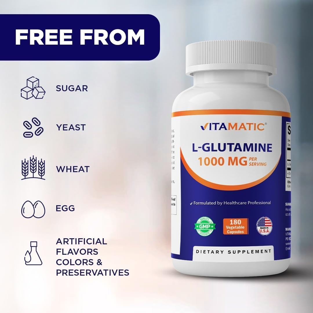 Vitamatic L-Glutamine 1000mg 180 Veg Capsules Non GMO Gluten Free USA GMP