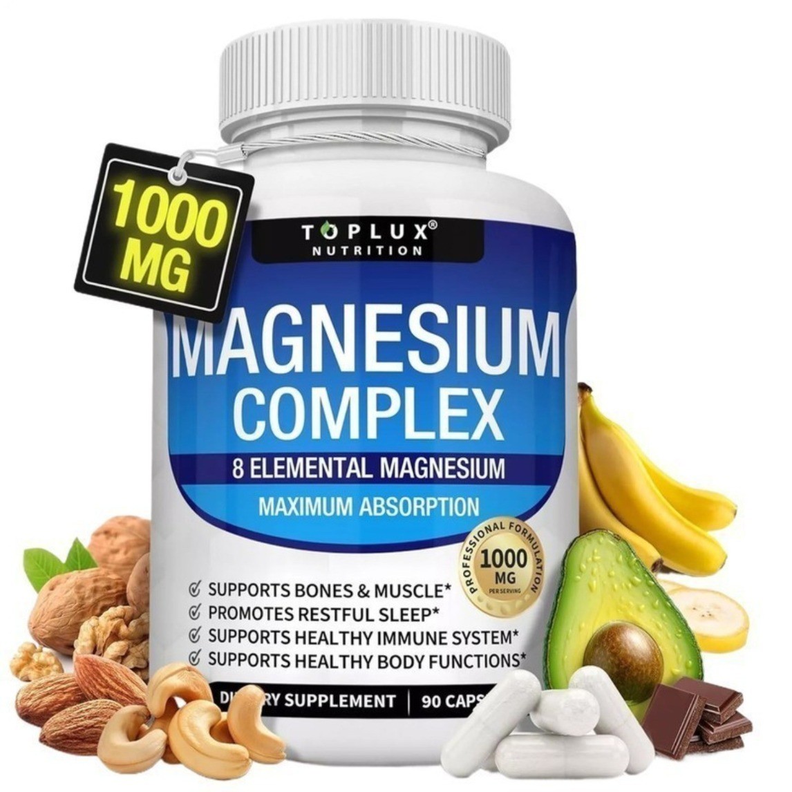 New Toplux Nutrition Magnesium Complex 1000mg Supports 8 Elemental Magnesium