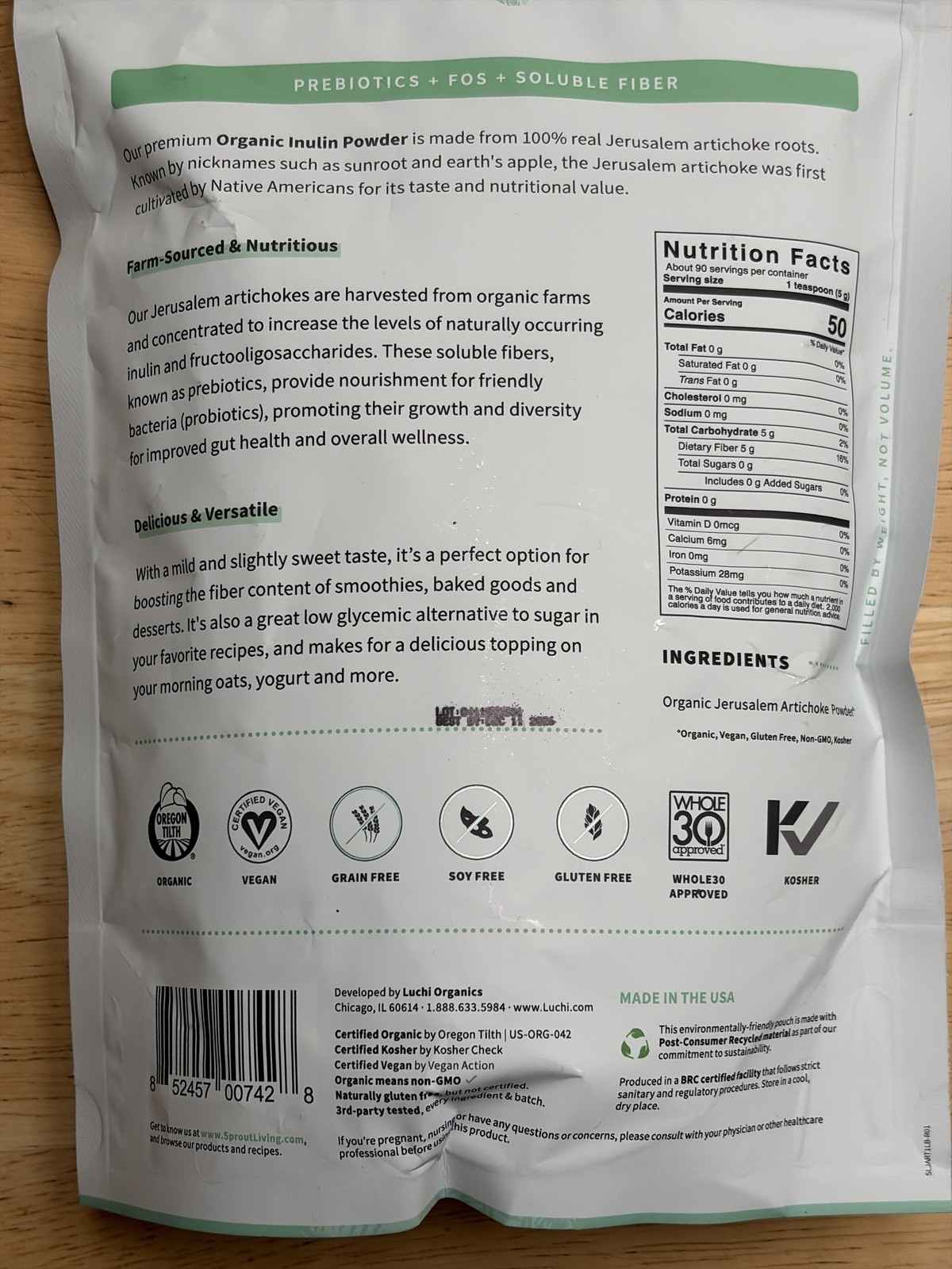 Sprout Living Organic Prebiotic Inulin Superfood Powder 1 lb Exp Dec-2026