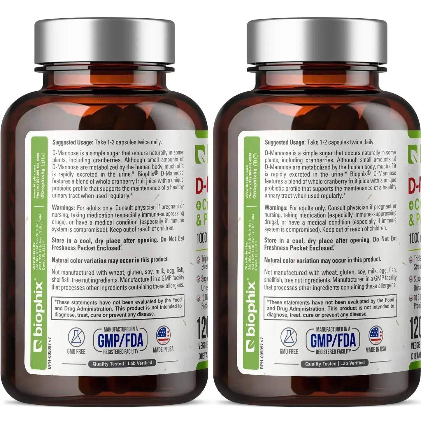 Biophix D-Mannose Plus Cranberry and Probiotics 1000 mg 120 Vcaps 2 Pack