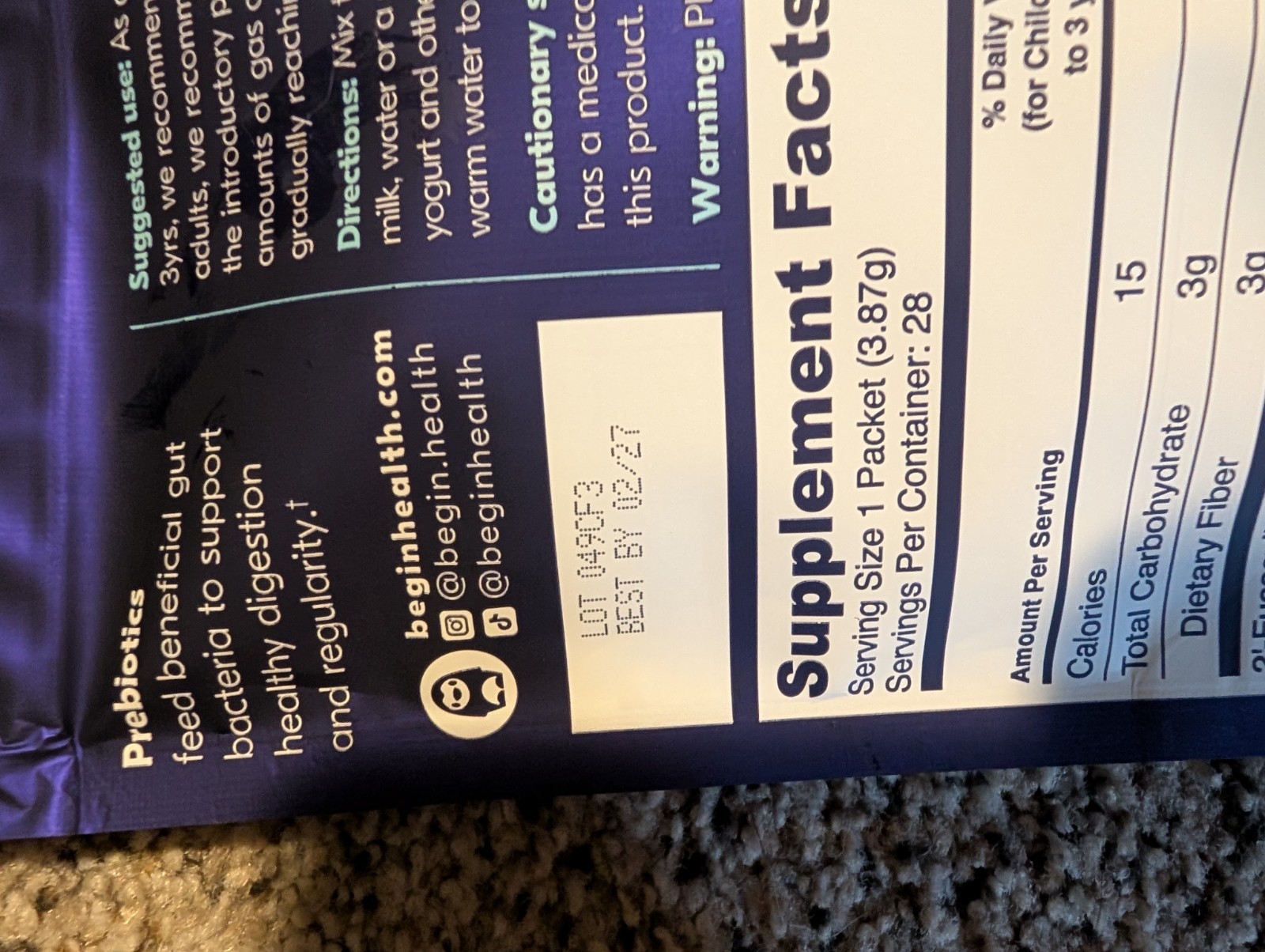 Begin Health Growing Up Prebiotic Unflavored 3 packs of 28+ 16 read description