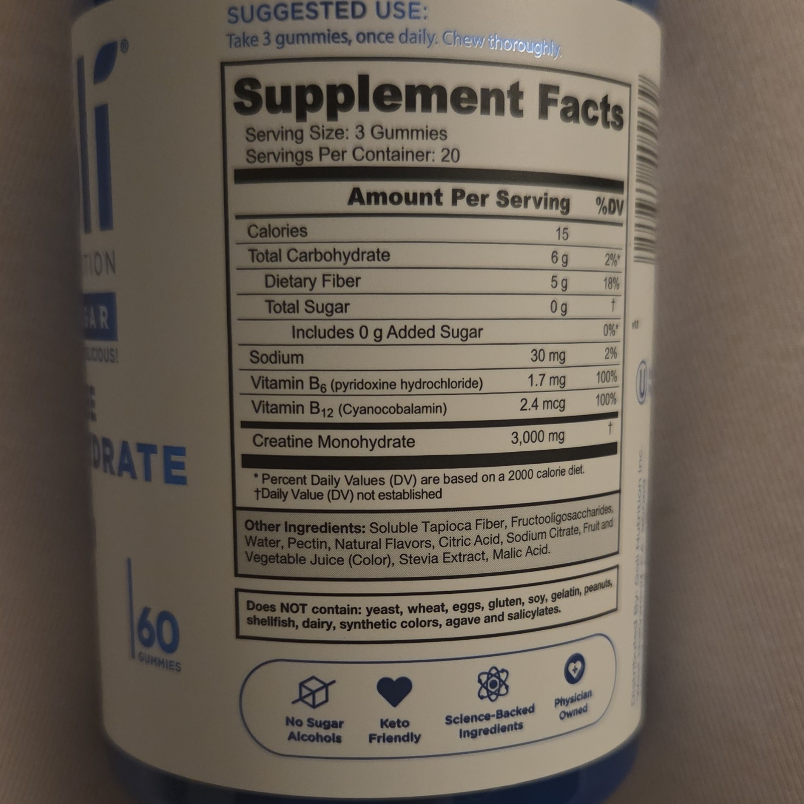 Goli Nutrition Creatine Monohydrate Gummies Zero Sugar 60 Gluten-Free Vegan Keto