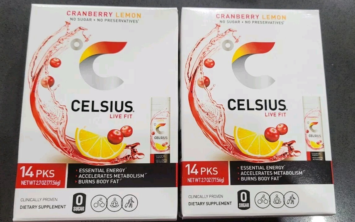 2 Boxes Celsius On-the-GO Cranberry Lemon Powder Sticks – 2.5oz, Pack of 14 Each