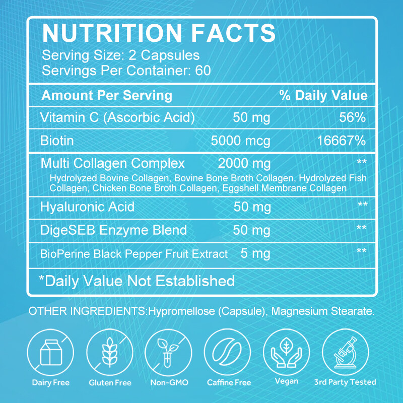 Premium Collagen Peptides Pills Hydrolyzed Anti-Aging (Types I,II,III,V,X) 120pc