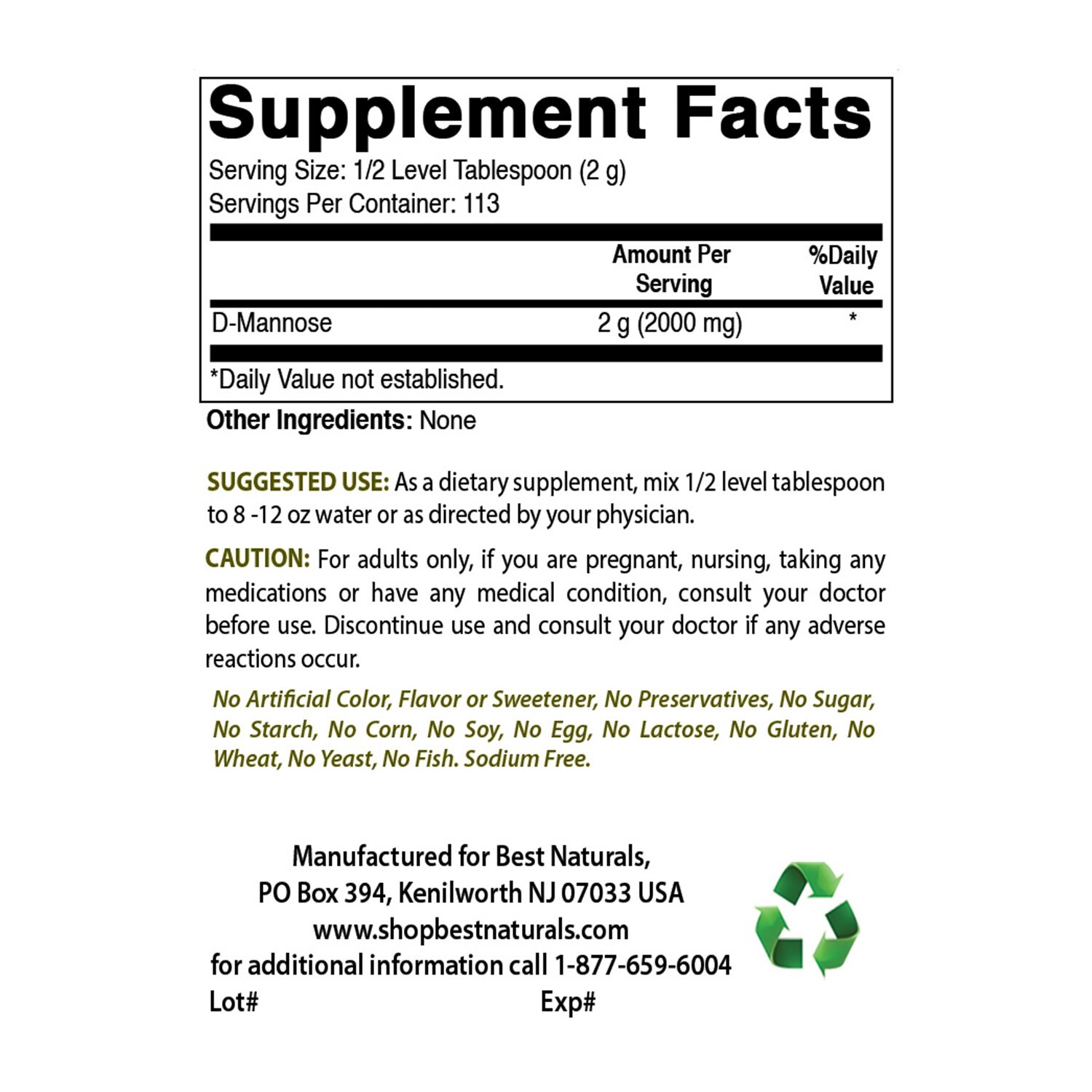 Best Naturals D-Mannose Pure Powder – Urinary Tract Cleanse Supplement – 8 OZ