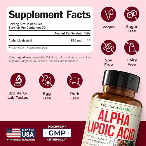 Alpha Lipoic Acid High Potency 650mg Ala Supplement Nerve Brain Health 600mg 60