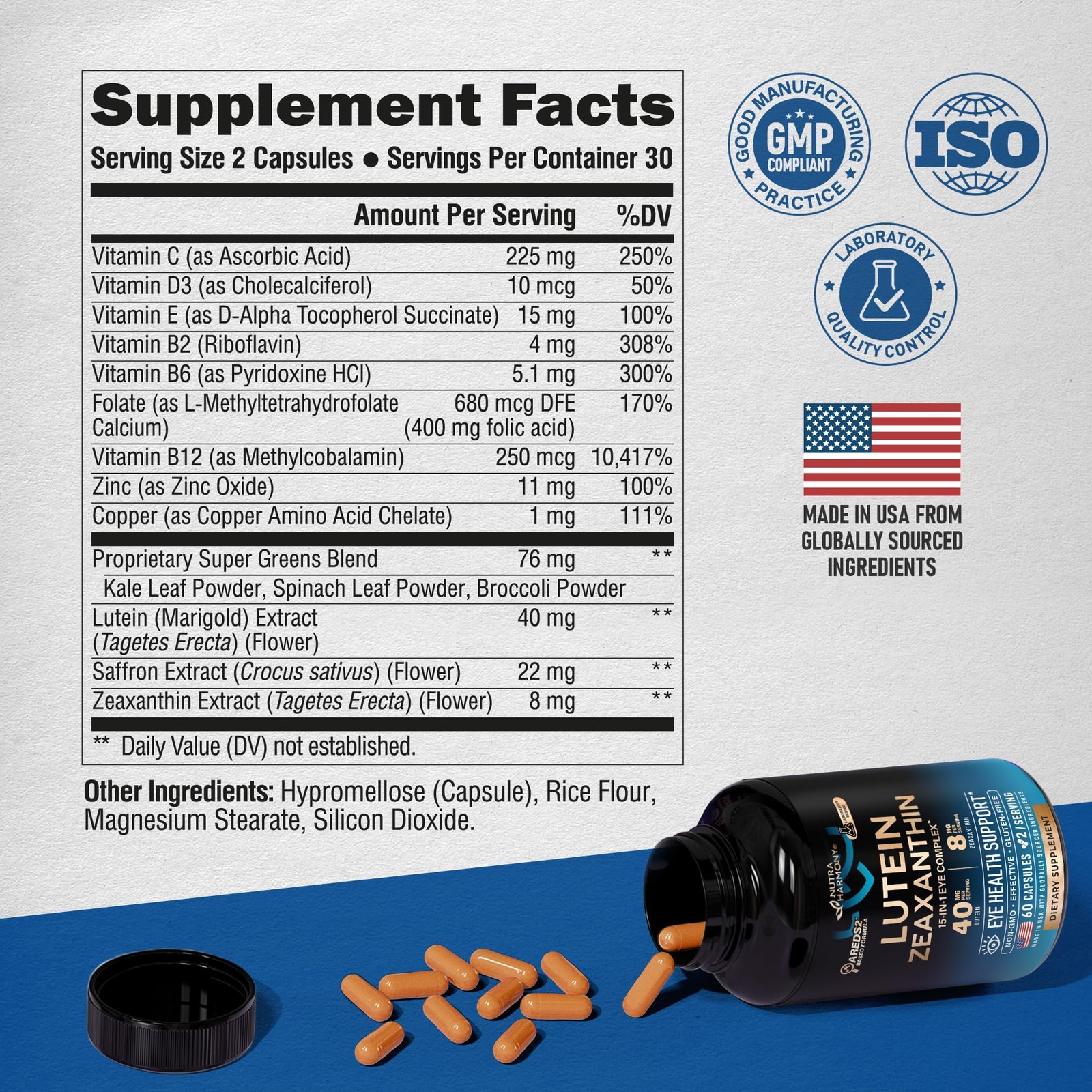 Eye Vitamins – Lutein and Zeaxanthin Supplements – 60 Count (Pack of 1)