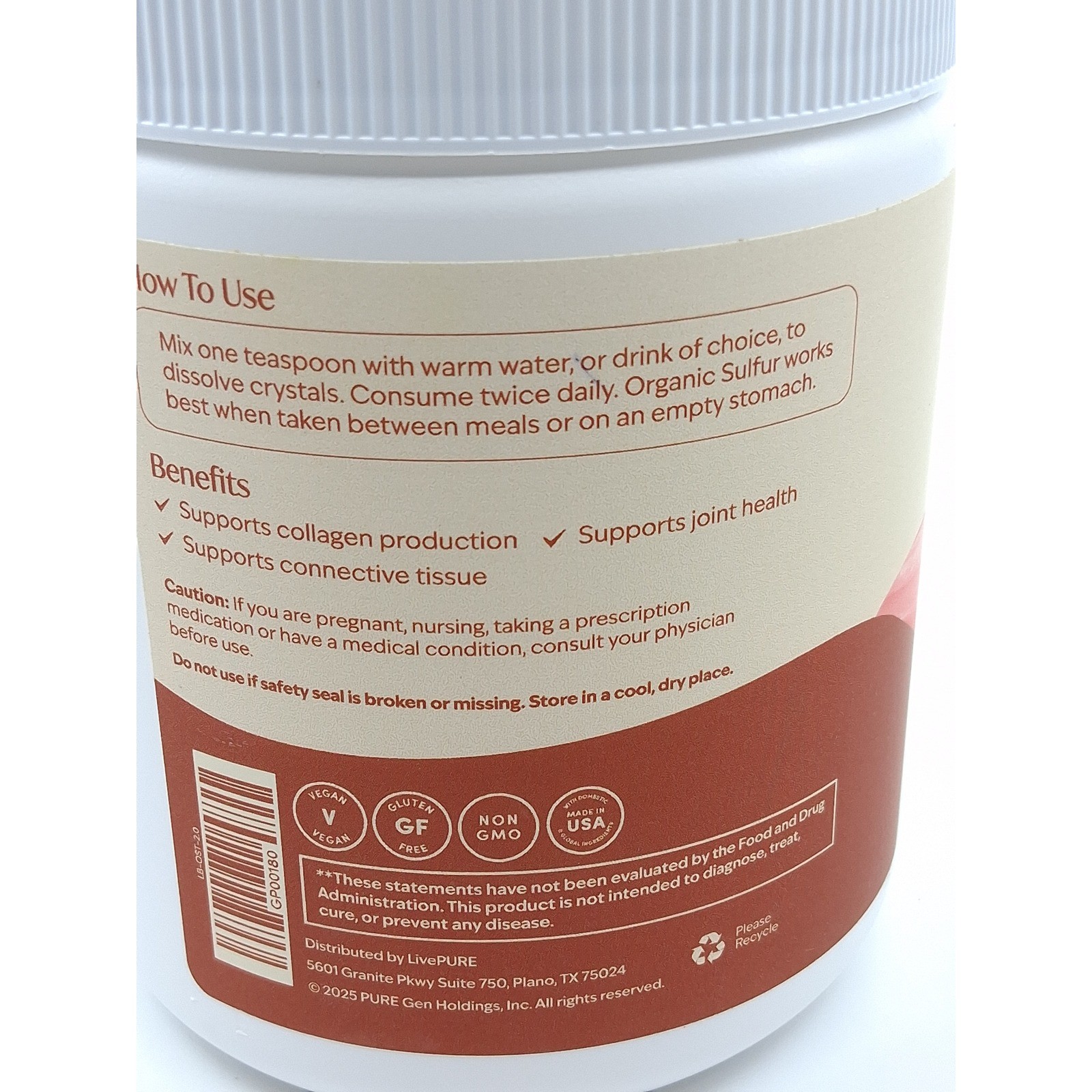 LivePURE Organic Sulfur MSM Bioavailable Sulfur 14.1 oz Opened EXP 9/2027