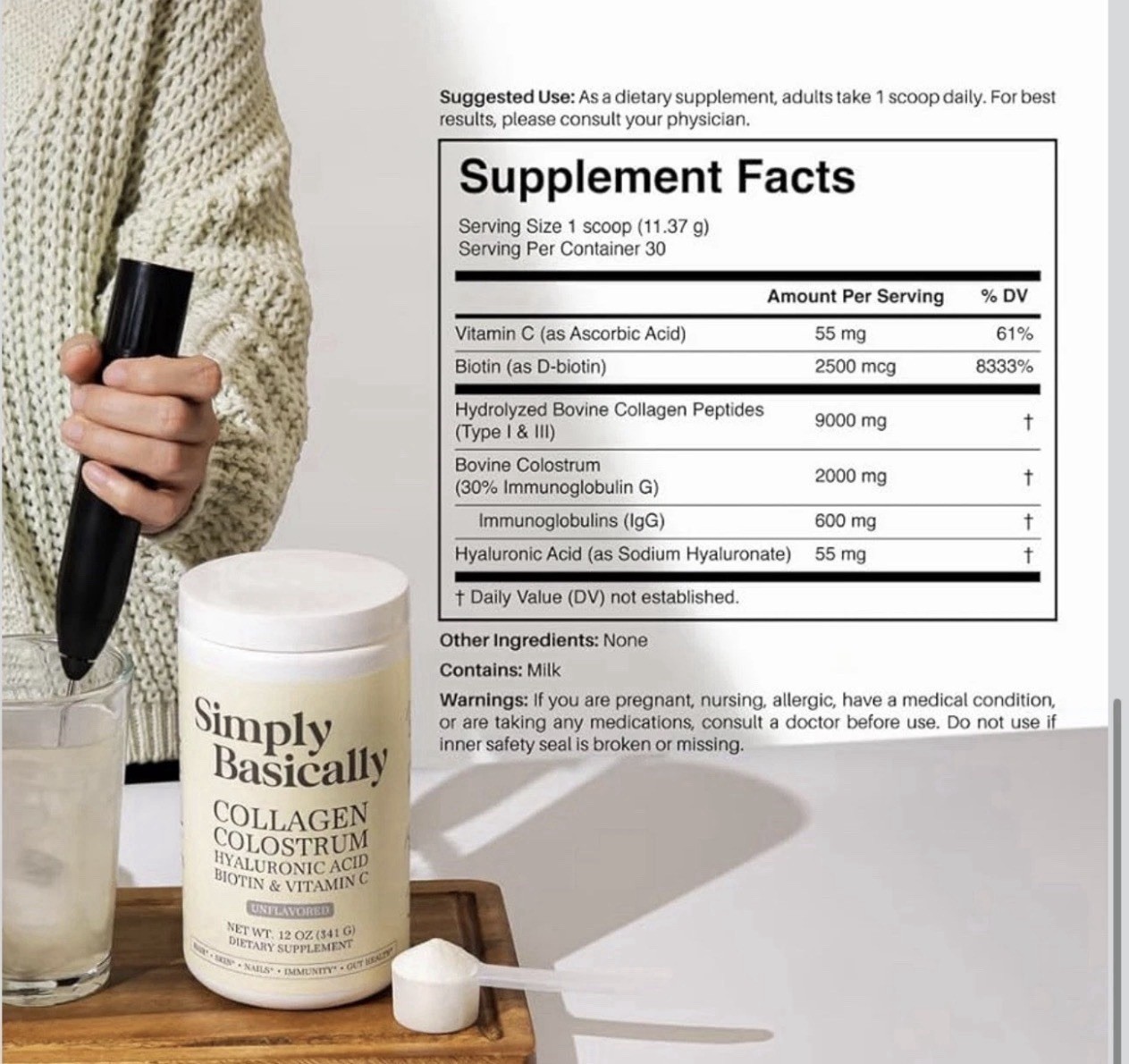 Simply Basically Collagen Colostrum Biotin Unflavored Powder Supplement 12 oz