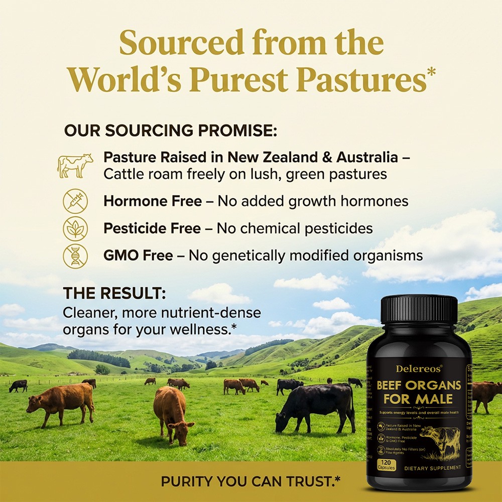 Delereos Grass-Fed Beef Organs Supplement for Men, 30/60/120 Caps, 60-Day Supply