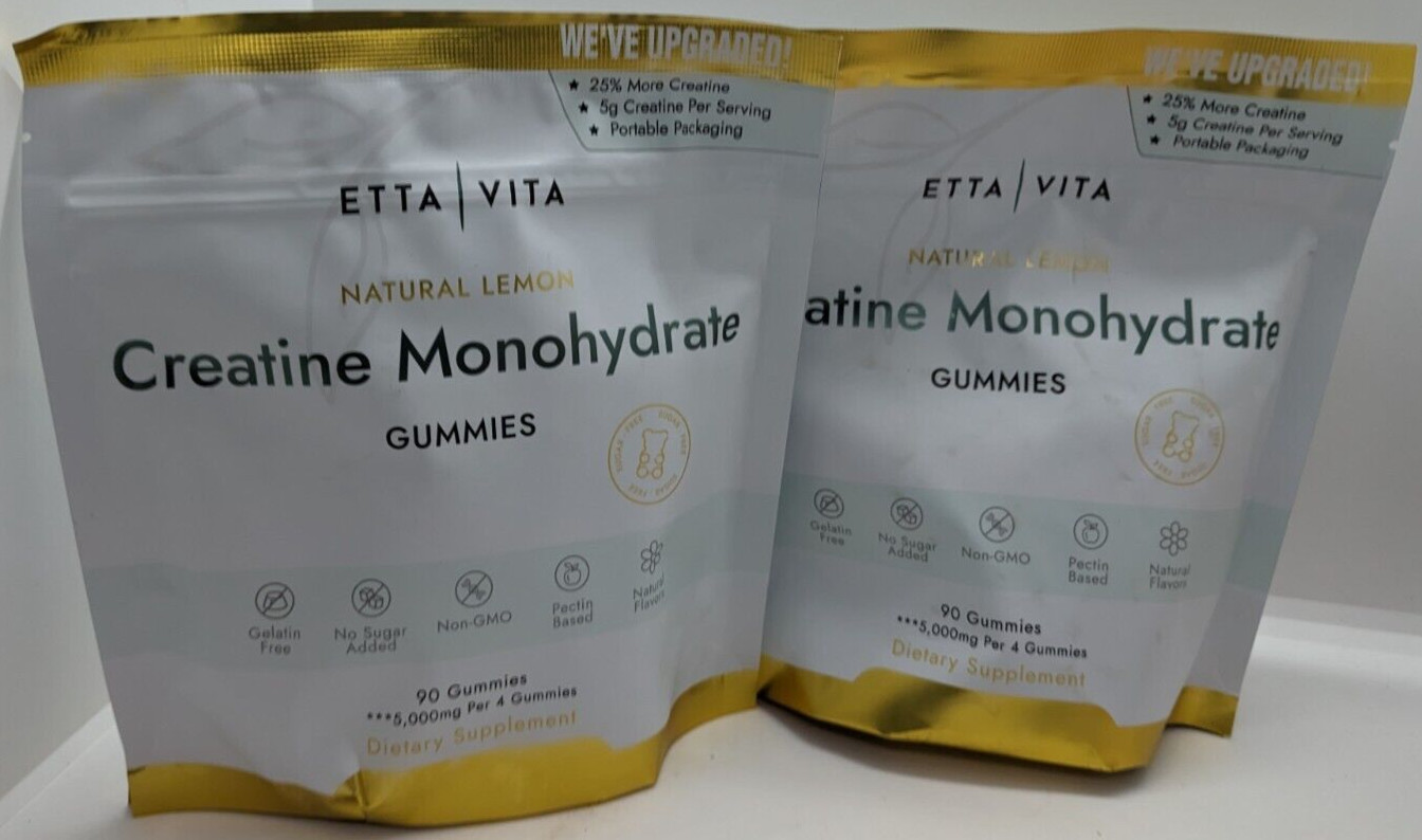 {2 Pack} Sugar Free Creatine Monohydrate Supplement 90 Gummies Lemon 09/2026