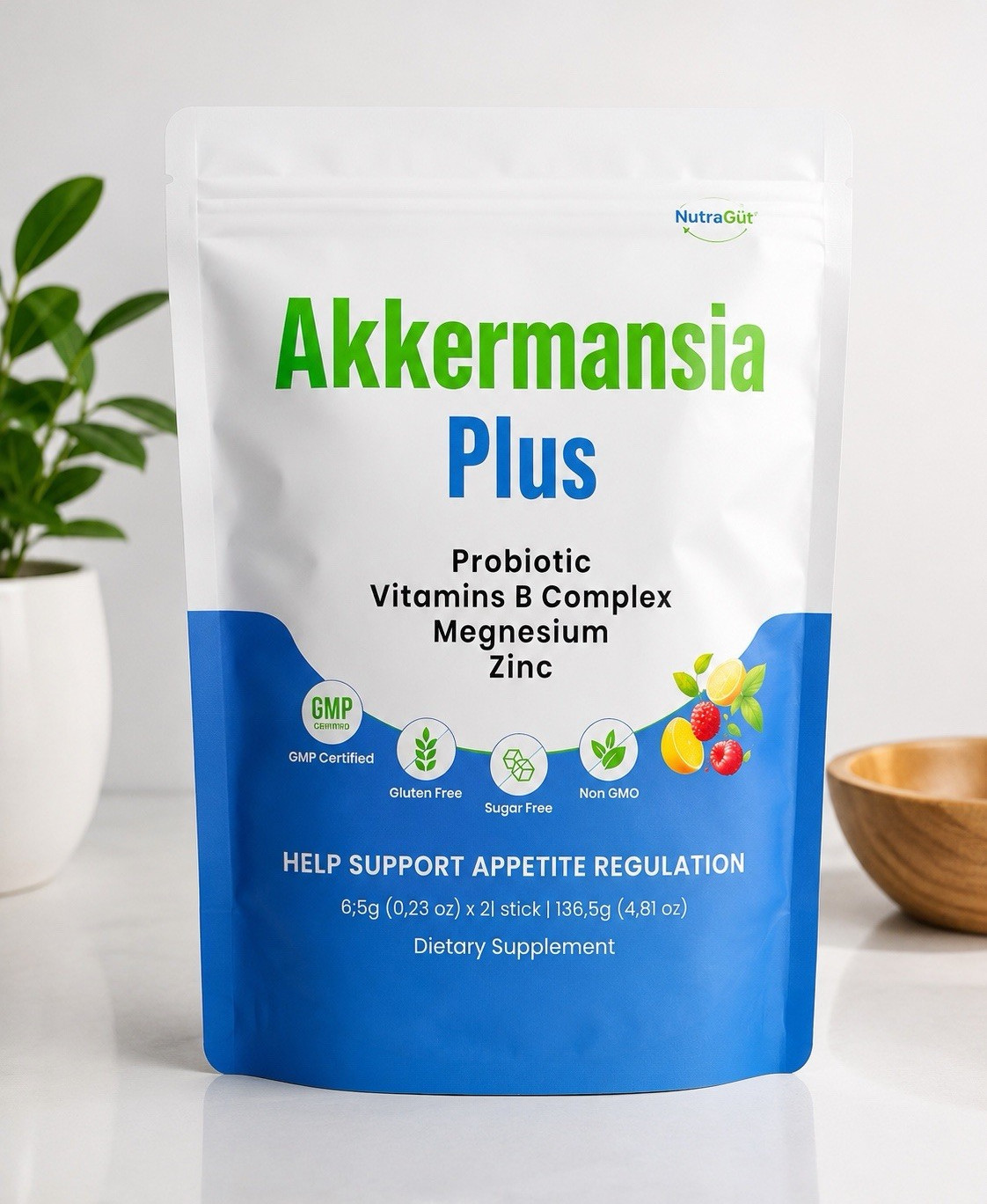 NutraGut Akkermansia Plus Probiotic Powder B Complex Mg Zinc GF 136.5g