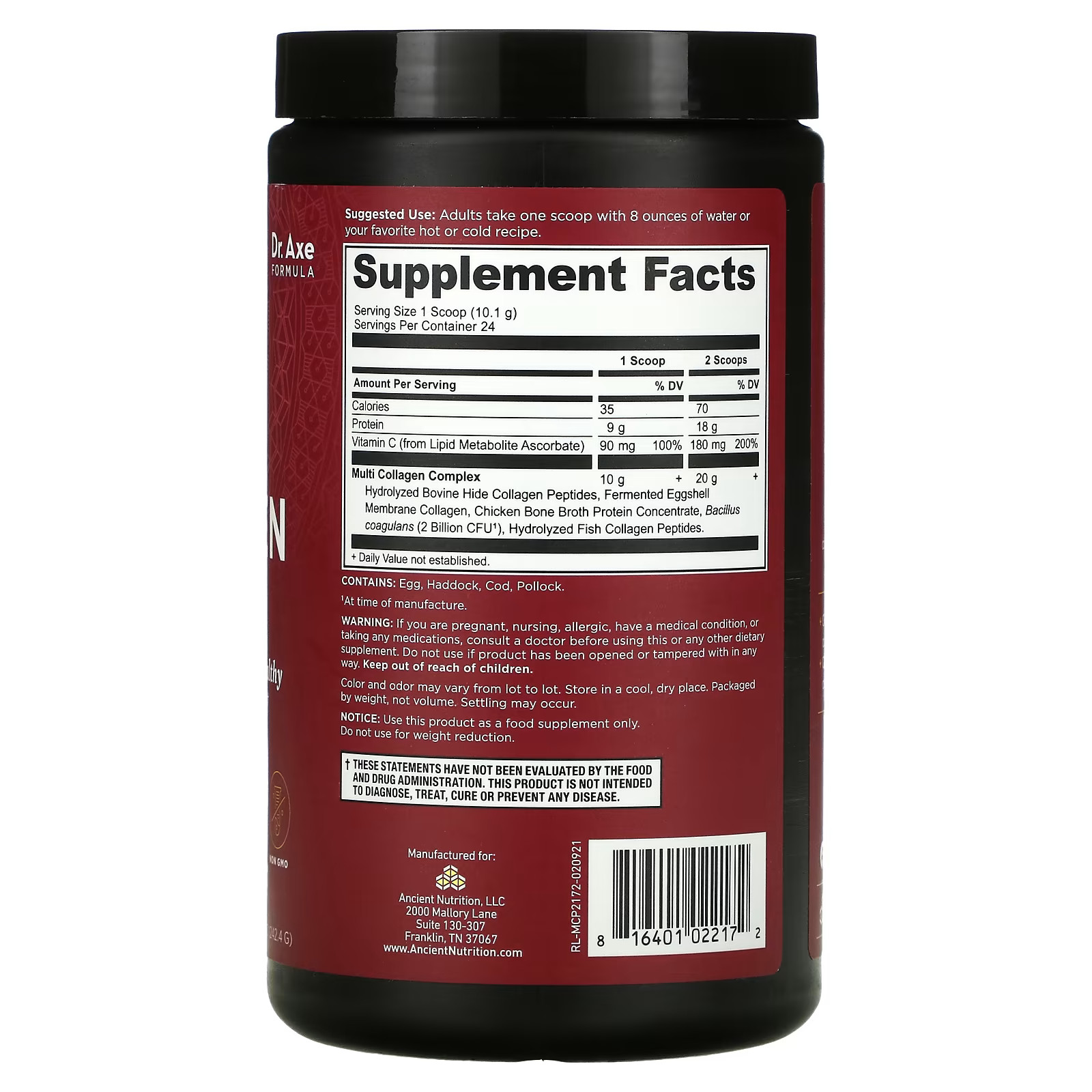 2 X Dr. Axe / Ancient Nutrition, Multi Collagen Protein, Unflavored, 8.6 oz (242