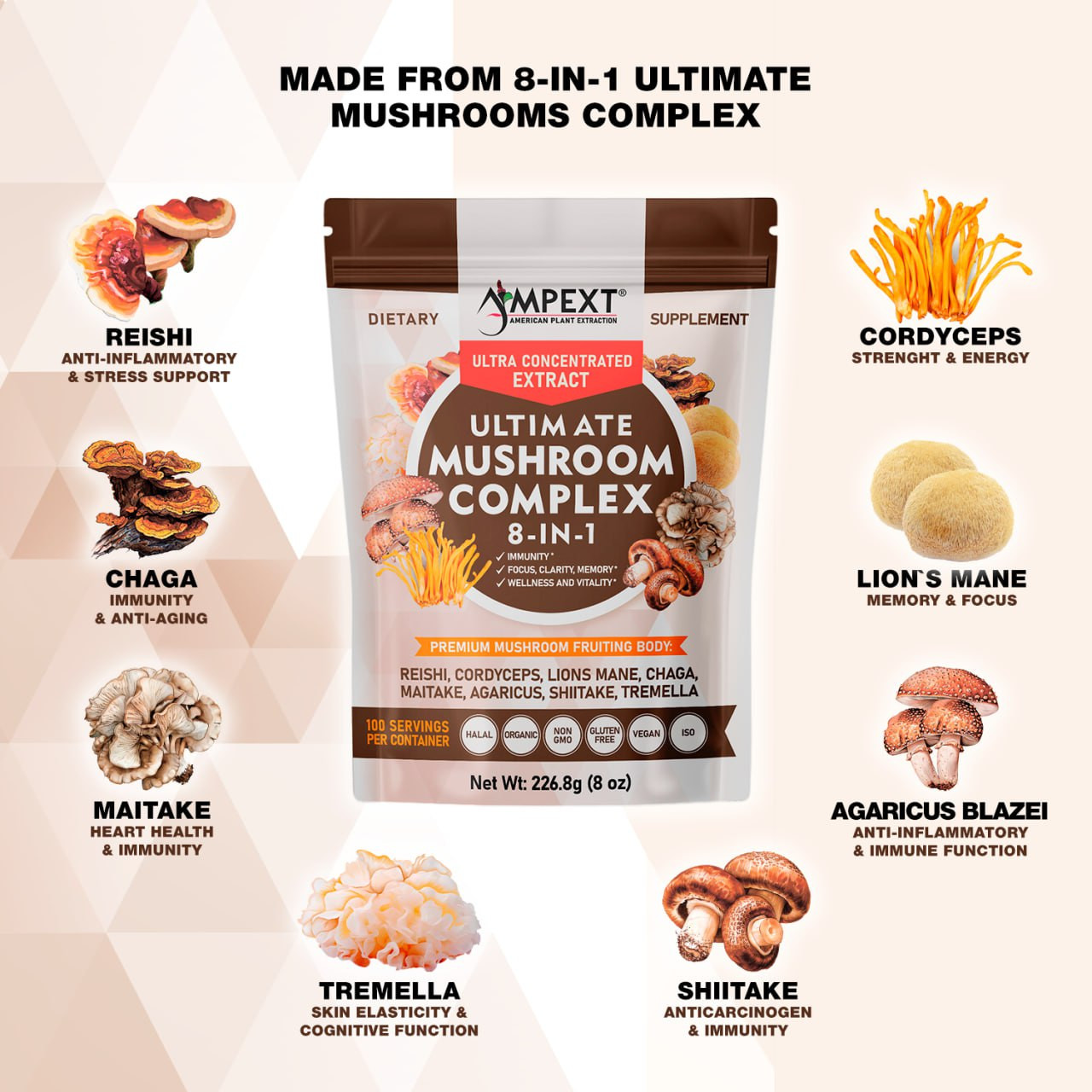 8-IN-1 Ultimate Mushroom Complex – Only Fruiting Bodies, 8 oz