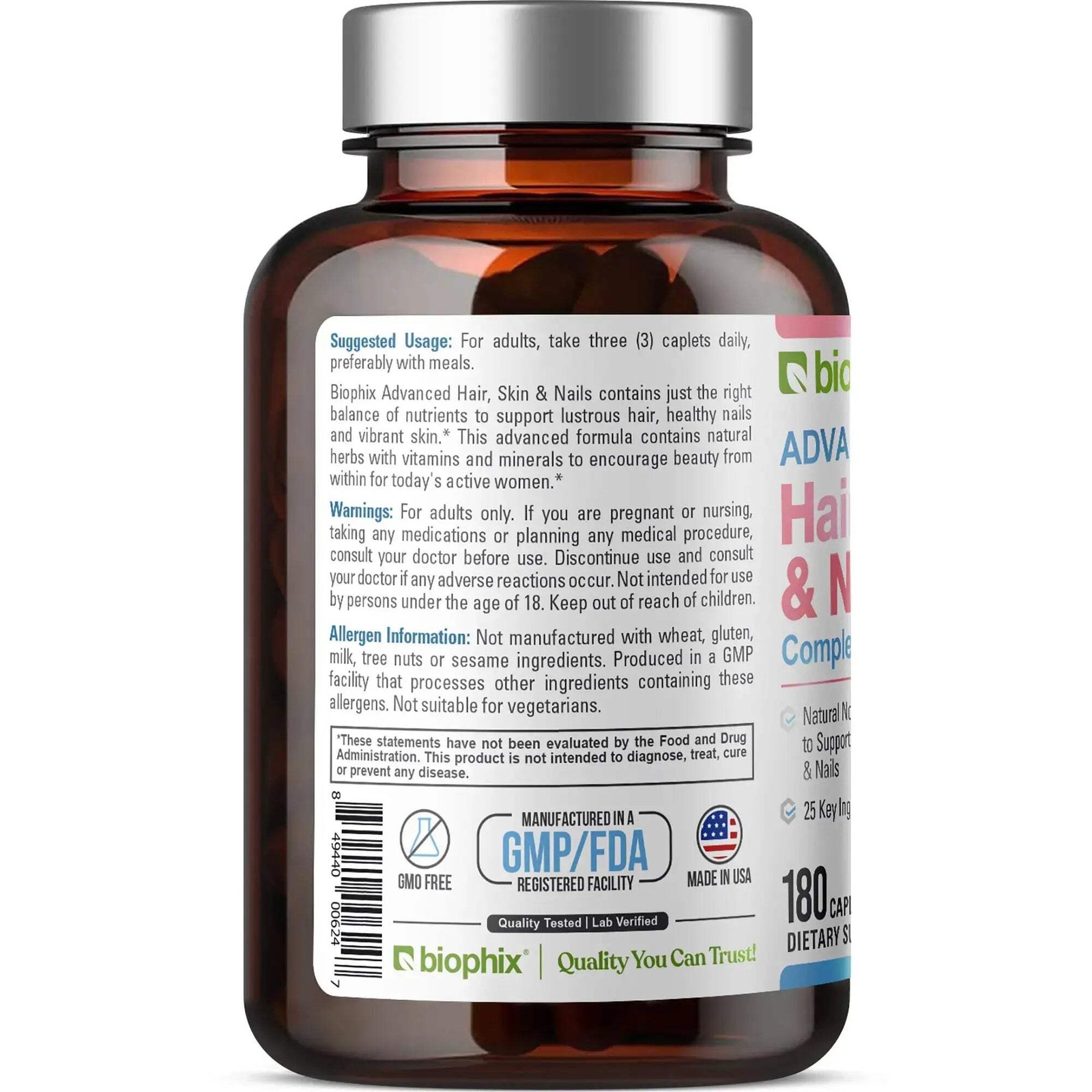 biophix Hair Skin and Nails Complex 180 Caplets with 10,000 mcg Biotin