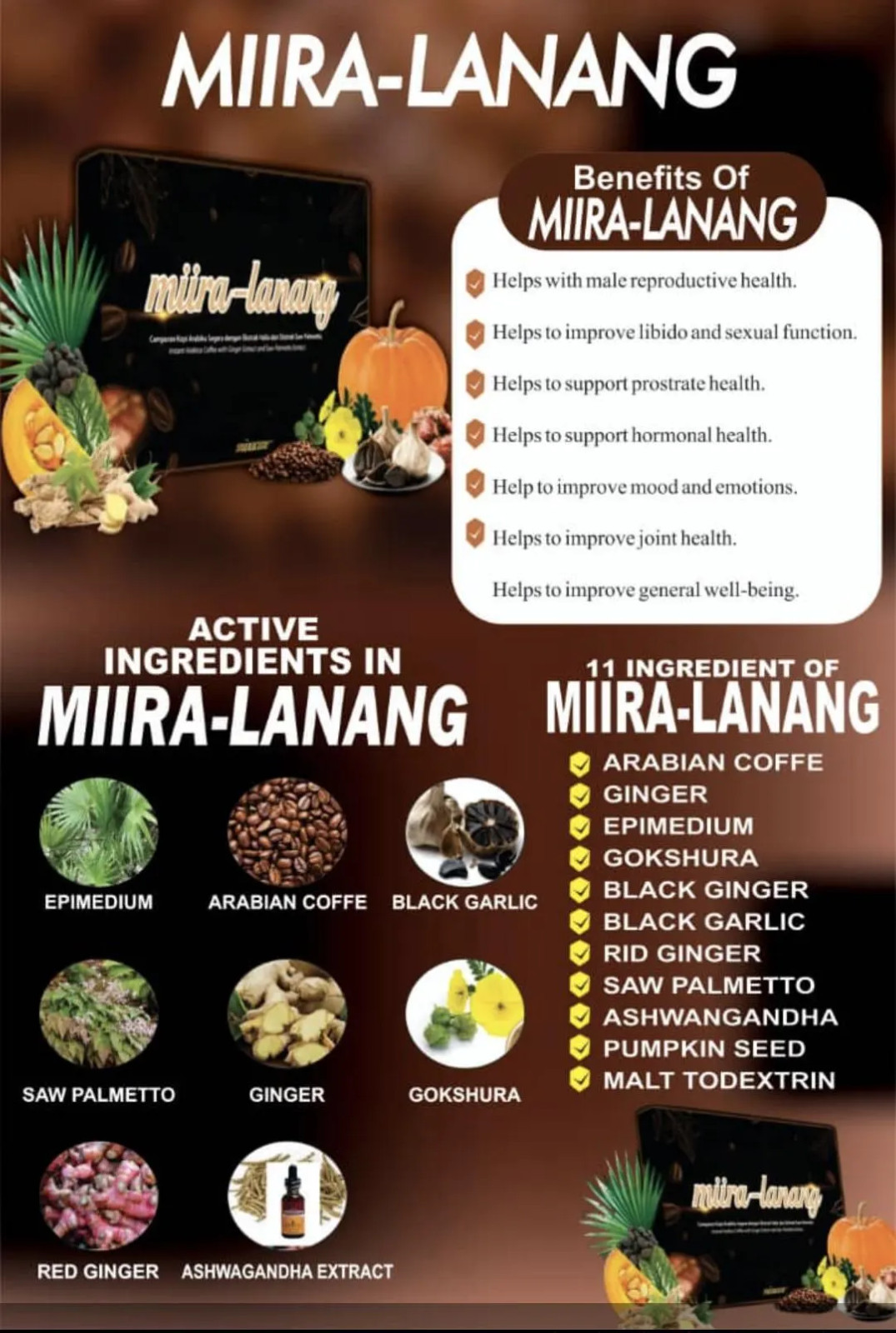 1 Miira Lanang coffee for men supports prostate and sexual health. 40 sachets