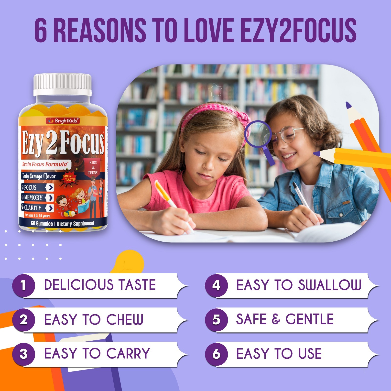 Ezy2Focus Brain Focus Gummies for Kids & Teens Memory Clarity Orange 60 Count