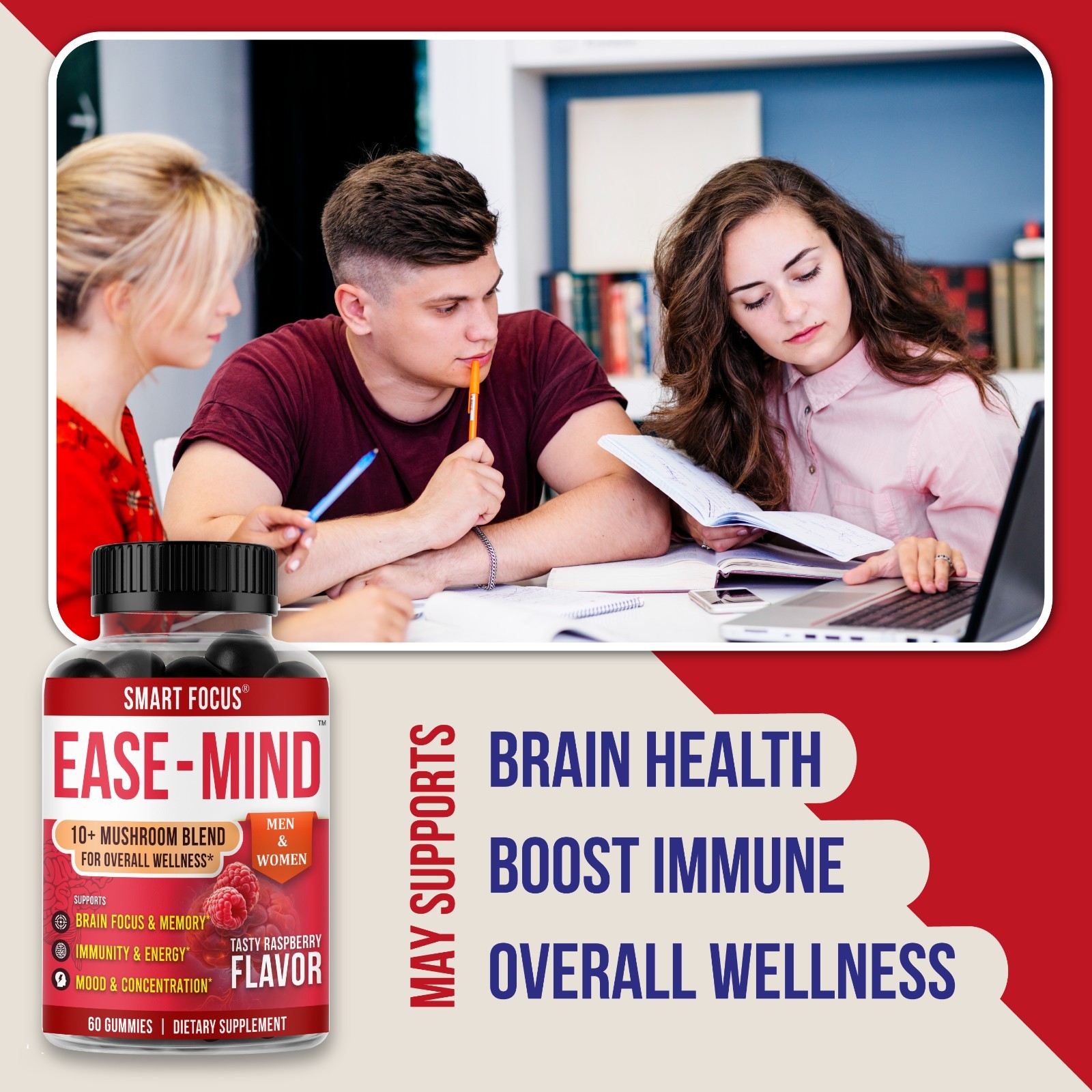 Ease-Mind Mushroom Gummies Lions Mane Reishi Cordyceps Focus Support 60ct