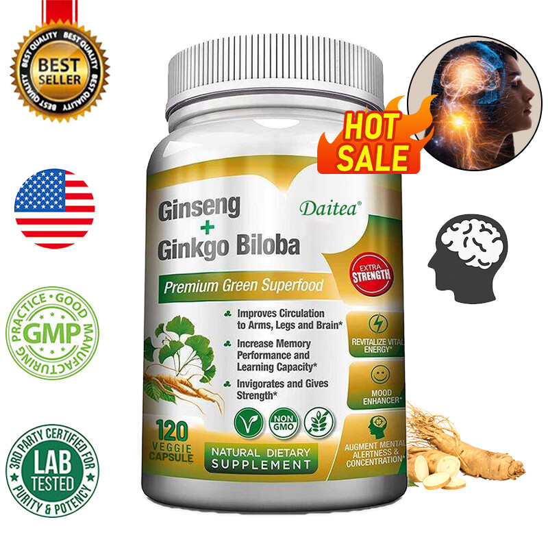 Ginseng + Ginkgo Biloba for Brain Function, Blood Circulation Vegan Capsules