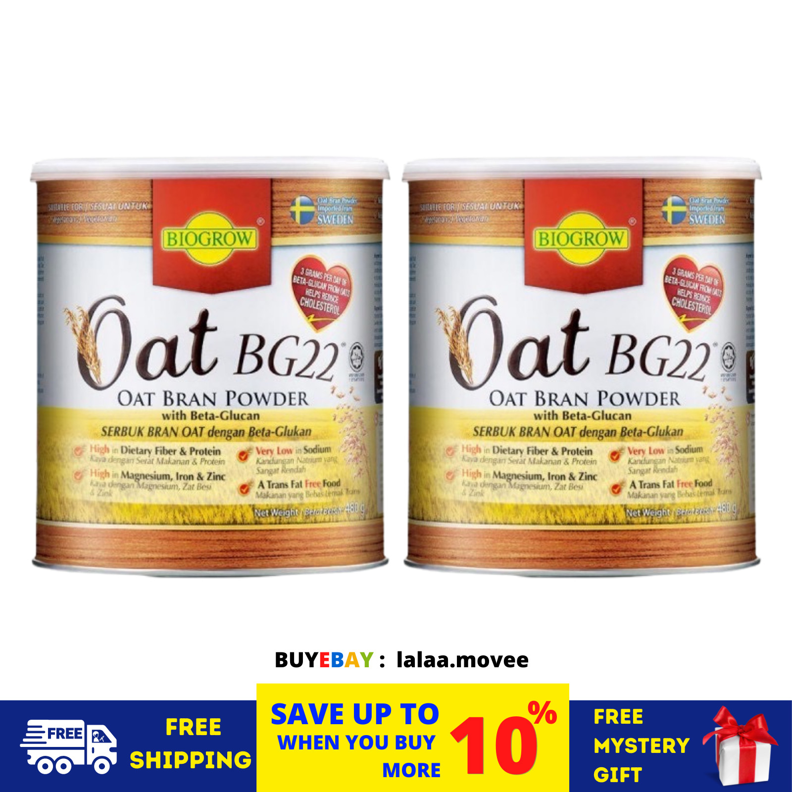 2 Tins Biogrow Bg22 Oat Beta Glucan Powder 480G, Lowers Cholesterol Naturally