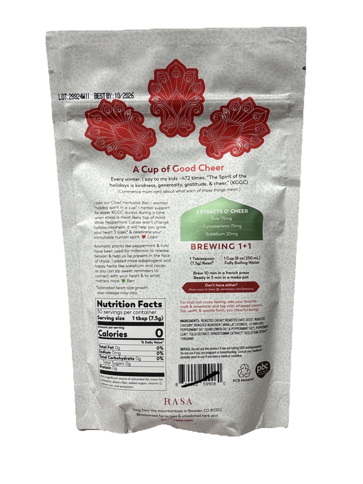 Rasa Limited Edition Peppermint Cacao Adaptogenic Cheer Tonic 8oz 226g 10/2026