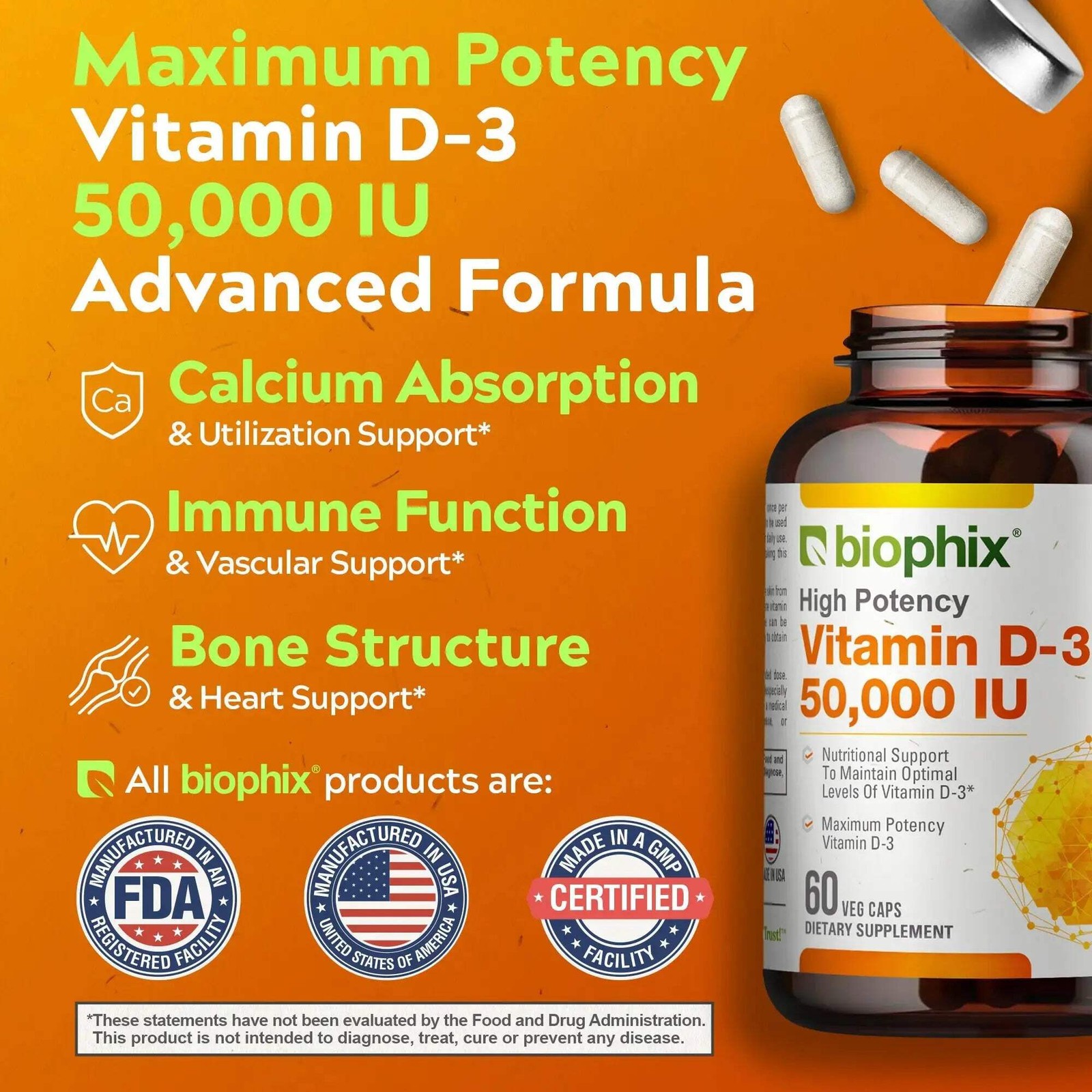 Biophix Vitamin D-3 50000 IU 60 Vcaps – Maximum High Potency